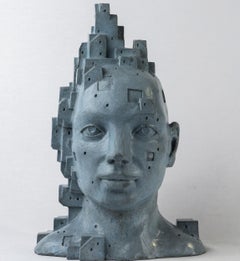 Blue-Gray Cement Portrait Sculpture. "LarA 019", Head with Architectural Reliefs