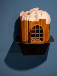 Ceramic Head Sculpture with Inhabited Architectural Interior and Wood Structure
