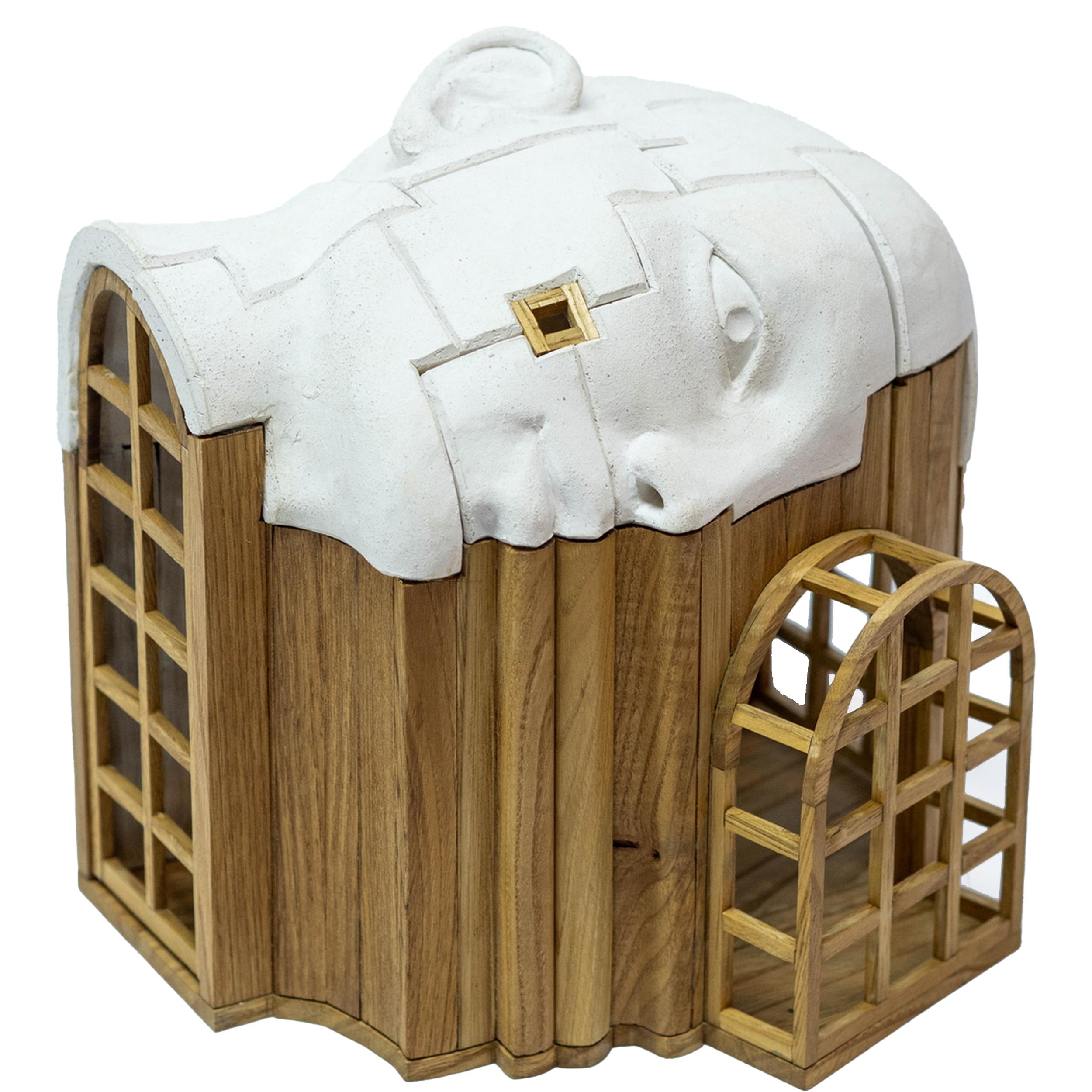 Ceramic Head Sculpture with Inhabited Architectural Interior and Wood Structure