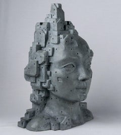 Dark Gray Anthropotectural Bust Sculpture in Hand-Tinted Cement – LarA 013