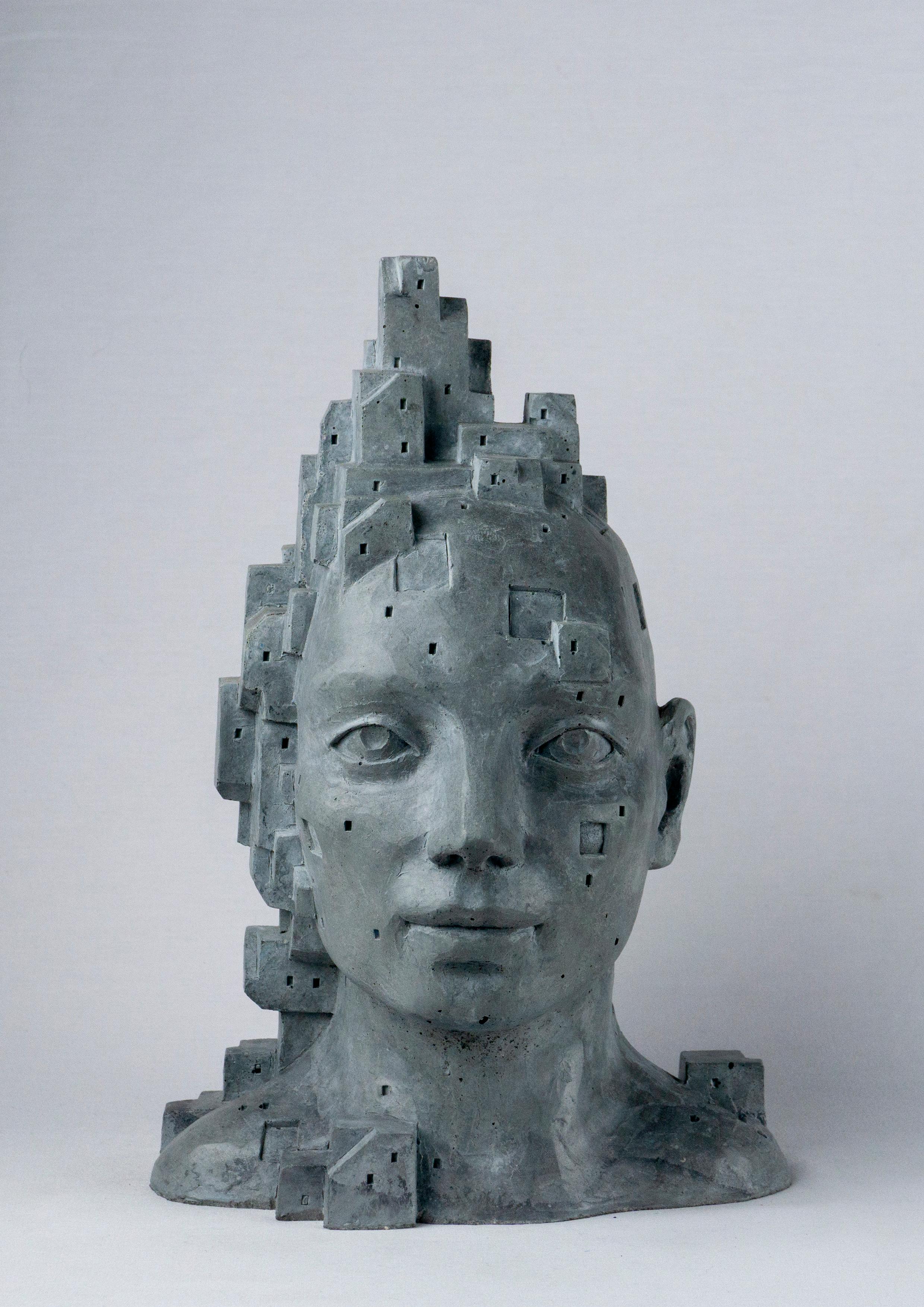 Busto Arquitectónico Gris Oscuro en Cemento - "LarA 013", Fusión Escultórica de Humano