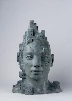 Busto Arquitectónico Gris Oscuro en Cemento - "LarA 013", Fusión Escultórica de Humano