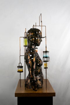 Sculpture de buste de femme en fer fragmenté avec circuit de pensée architecturale Installer