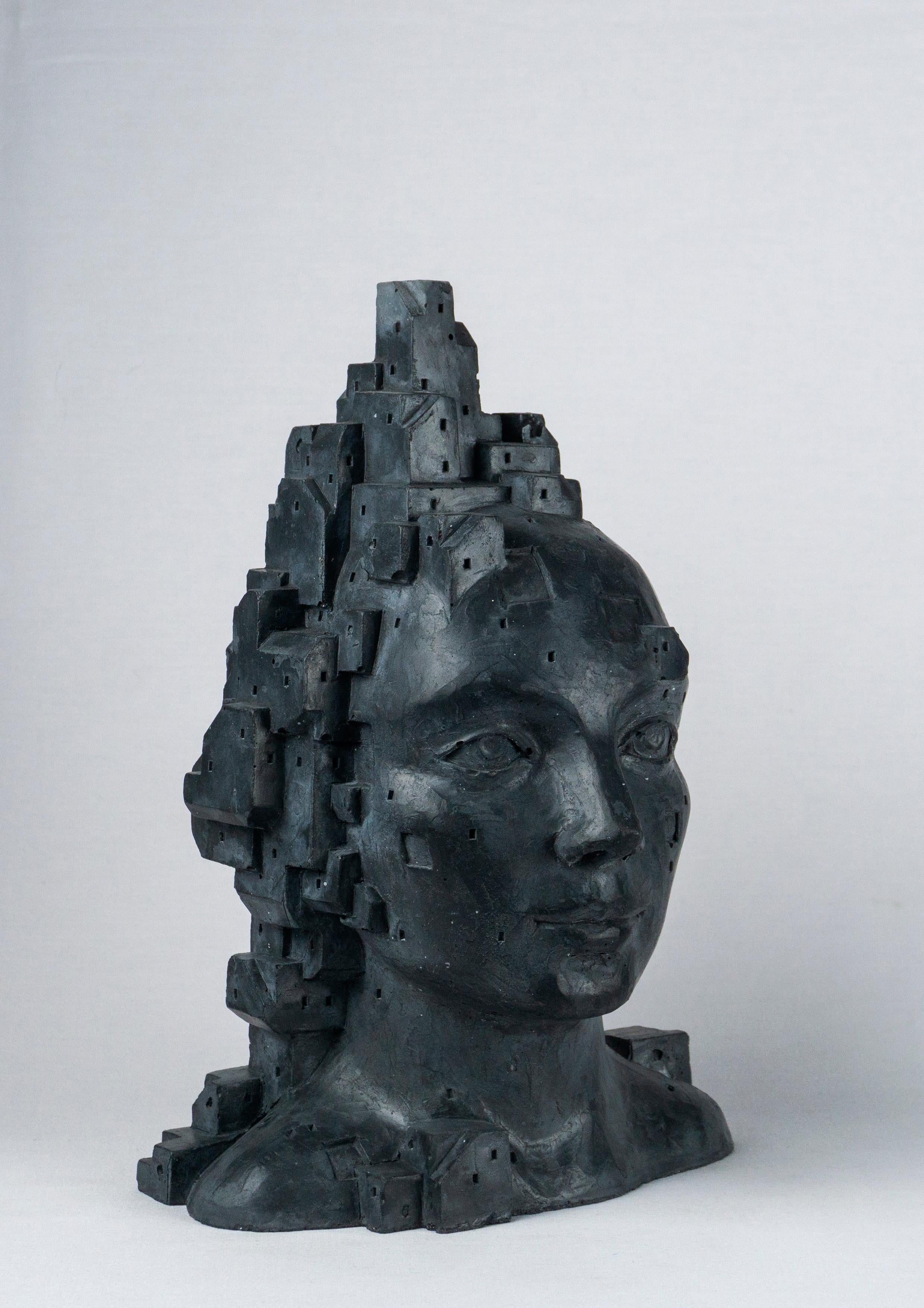 Busto figurativo architettonico ibrido in cemento nero. Antropotecnica 