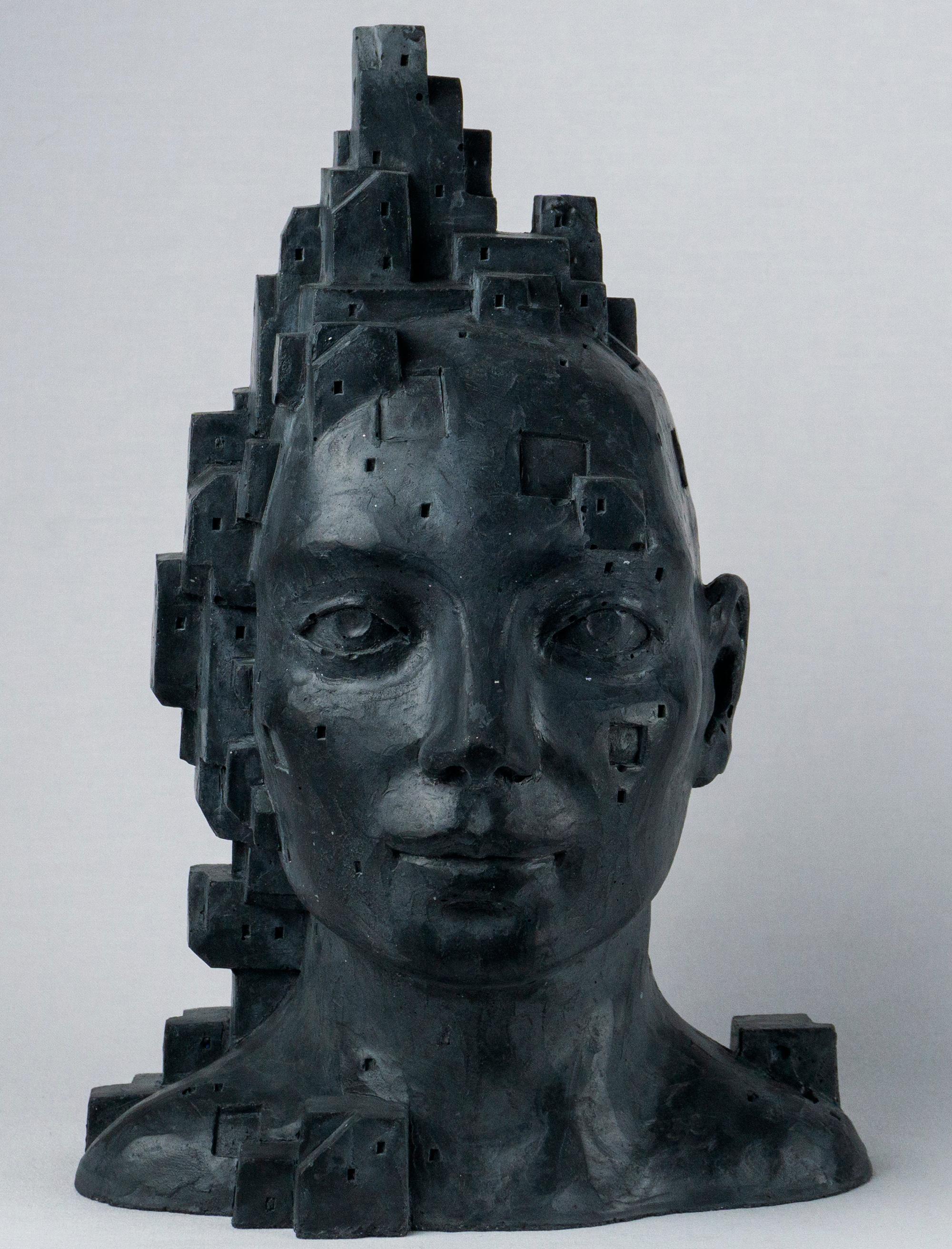 Abstract Sculpture di Jose Perozo - Busto figurativo architettonico ibrido in cemento nero. Antropotecnica "LARAS 011"