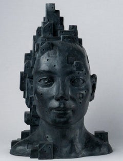 Busto figurativo arquitectónico híbrido de cemento negro. Antropotectura "LarA 011"