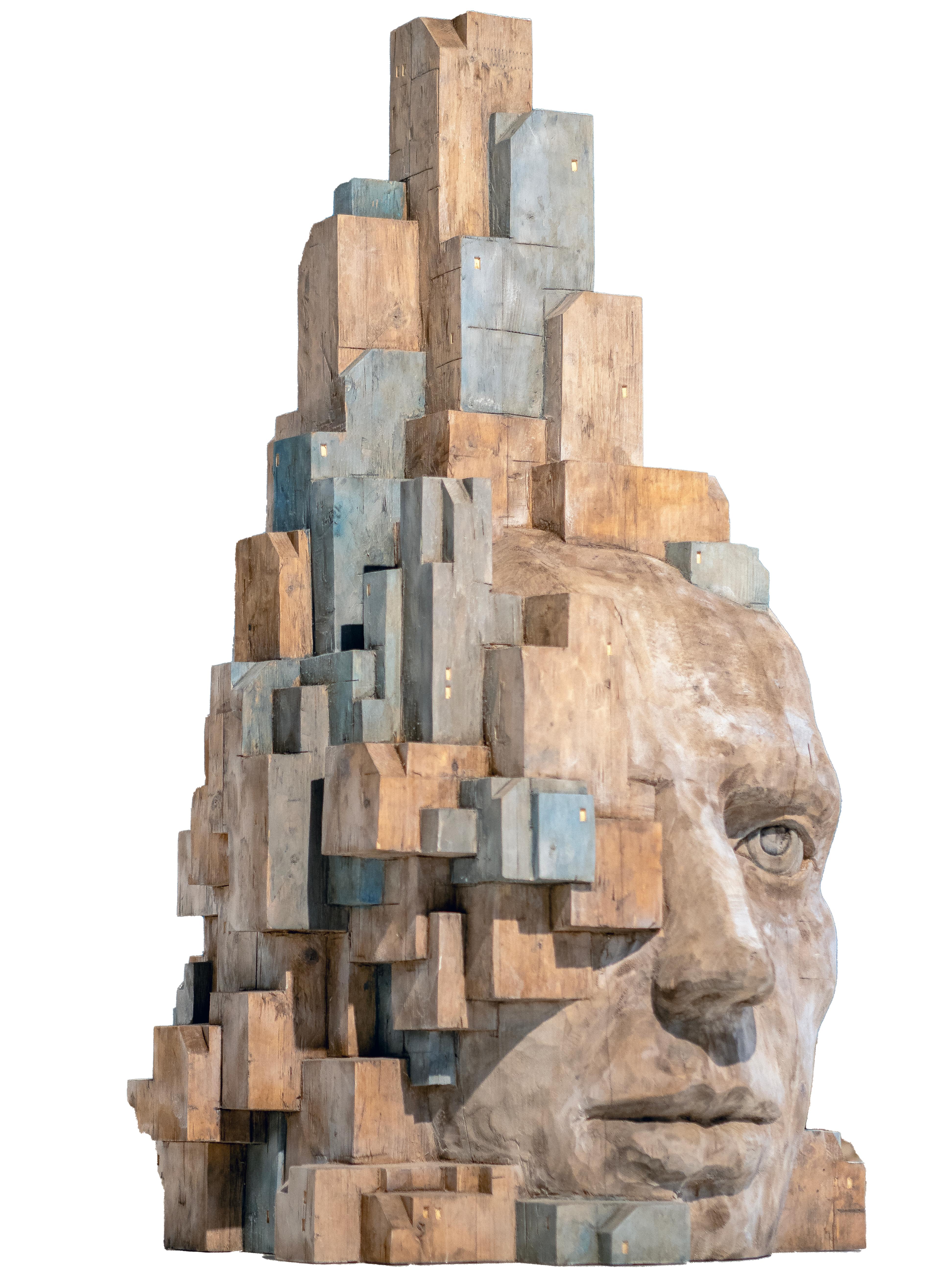 Figurative Sculpture Jose Perozo - Grande sculpture architecturale en bois polychrome avec structure en blocs