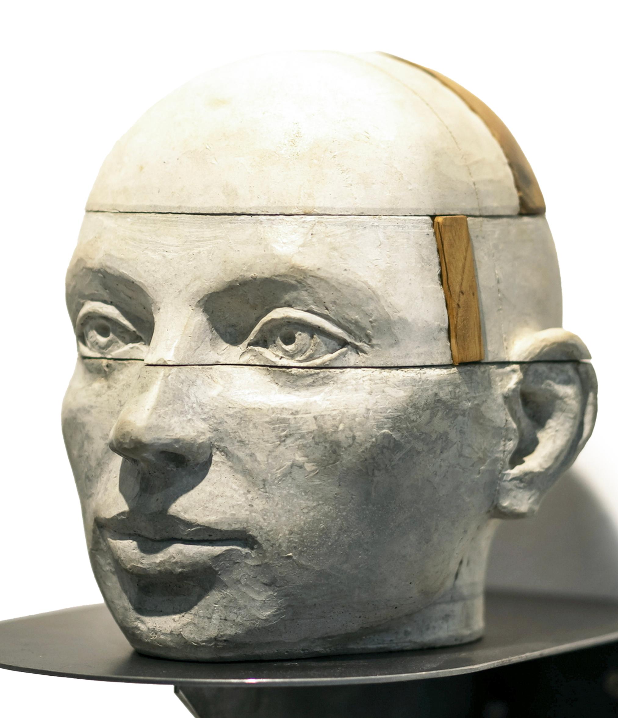 Layered Cement Human Head with Chestnut Wood, Architectural Figurative Sculpture