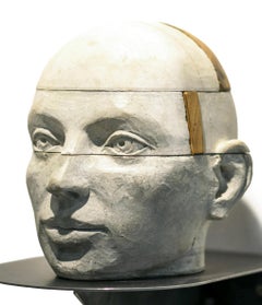 Cabeza humana de cemento en capas con madera de castaño, escultura figurativa arquitectónica