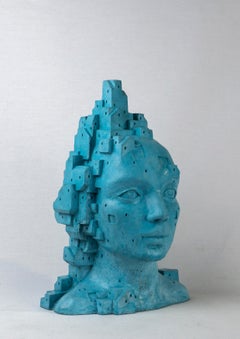 Architectural Bust in Turquoise Cement – Sculptural Fusion of Female Figure and