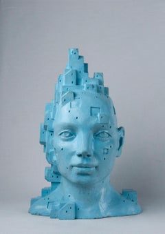 Self-Inhabited Architectural Female Bust in Blue Cement, LarA 014