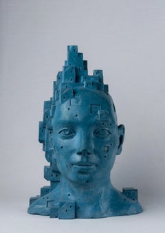 Escultura Femenina Única de Cemento Arquitectónico - "LarA 003", Tonos Azules Intensos