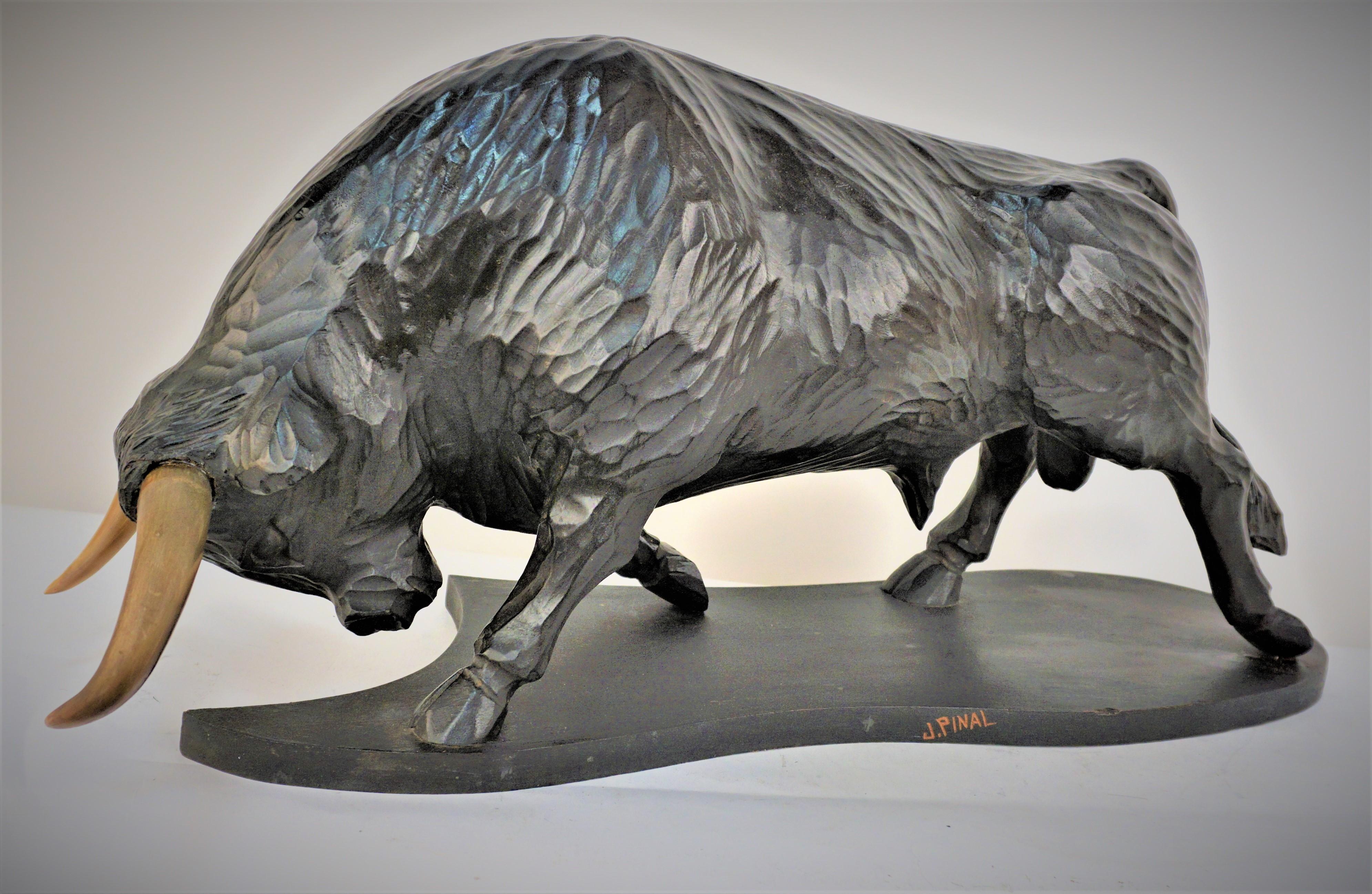 Jose Pinal, Large Carved Wood Sculpture of a Bull  4