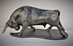 Jose Pinal, Large Carved Wood Sculpture of a Bull
