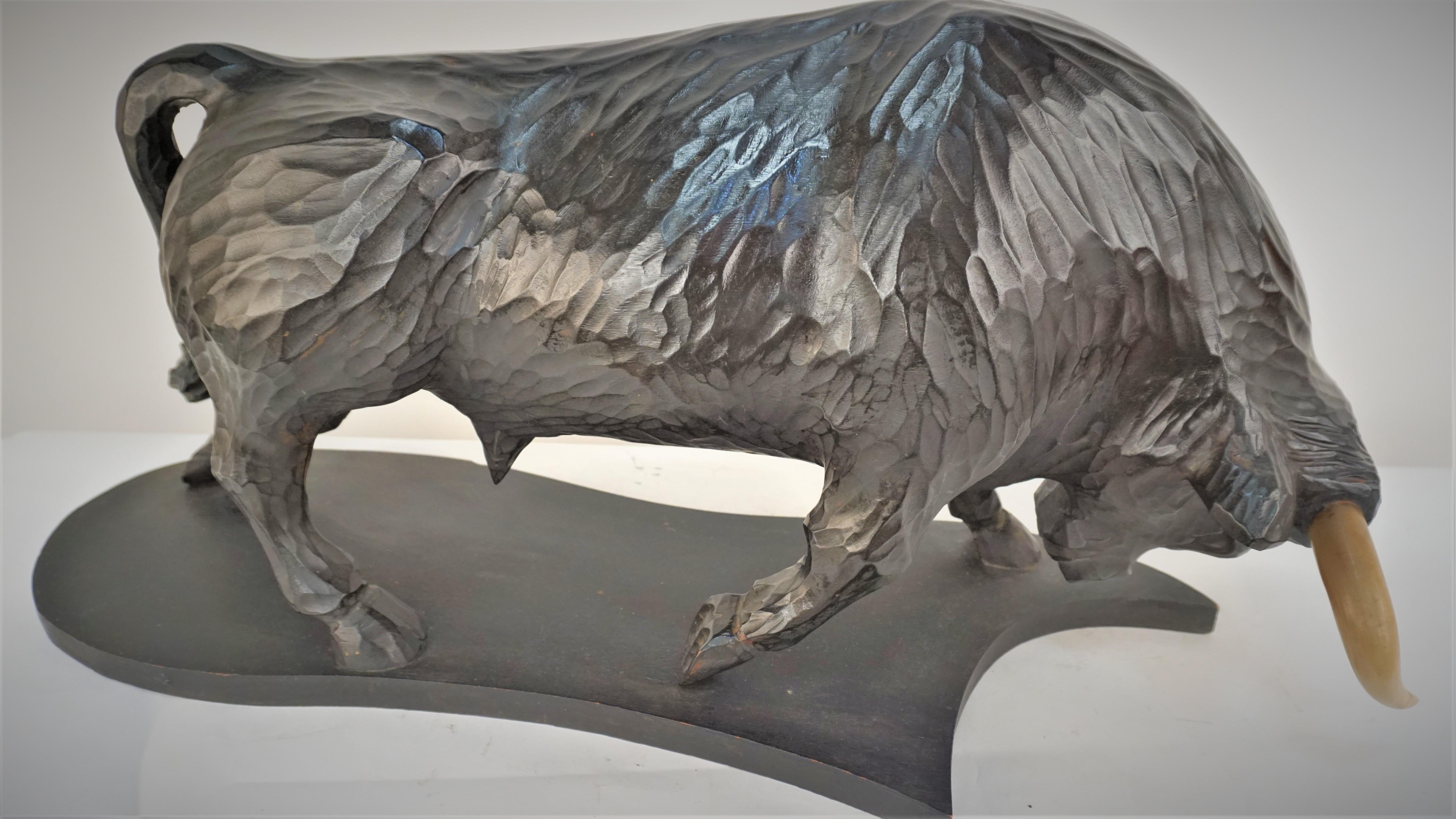 Bone Jose Pinal, Large Carved Wood Sculpture of a Bull  For Sale