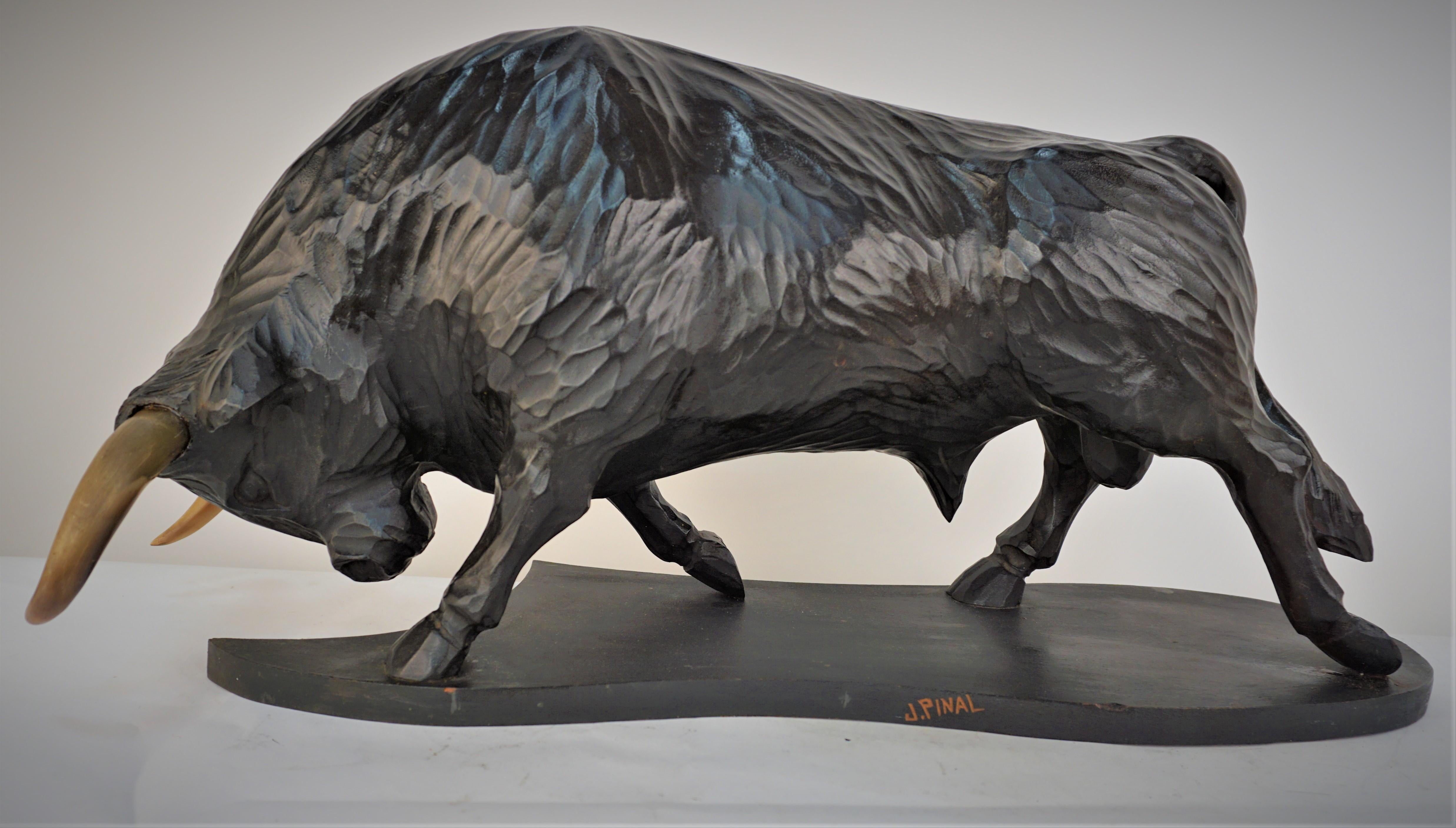Jose Pinal, Large Carved Wood Sculpture of a Bull  For Sale 3