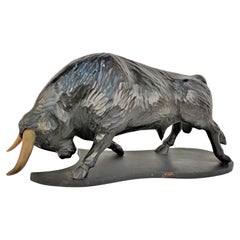 Antique Jose Pinal, Large Carved Wood Sculpture of a Bull 