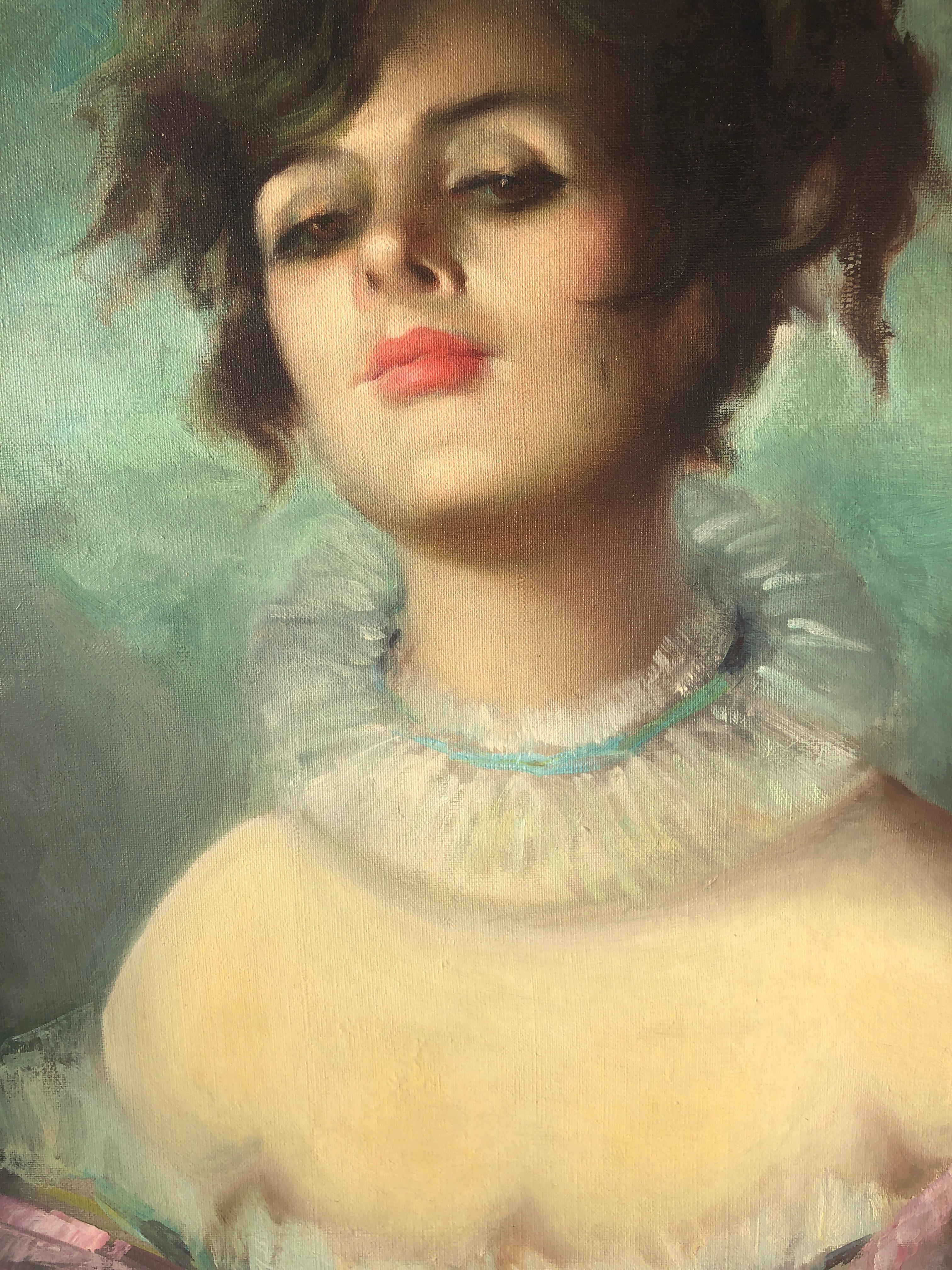 Elegant woman oil on canvas painting portrait - Black Portrait Painting by Jose Puyet 