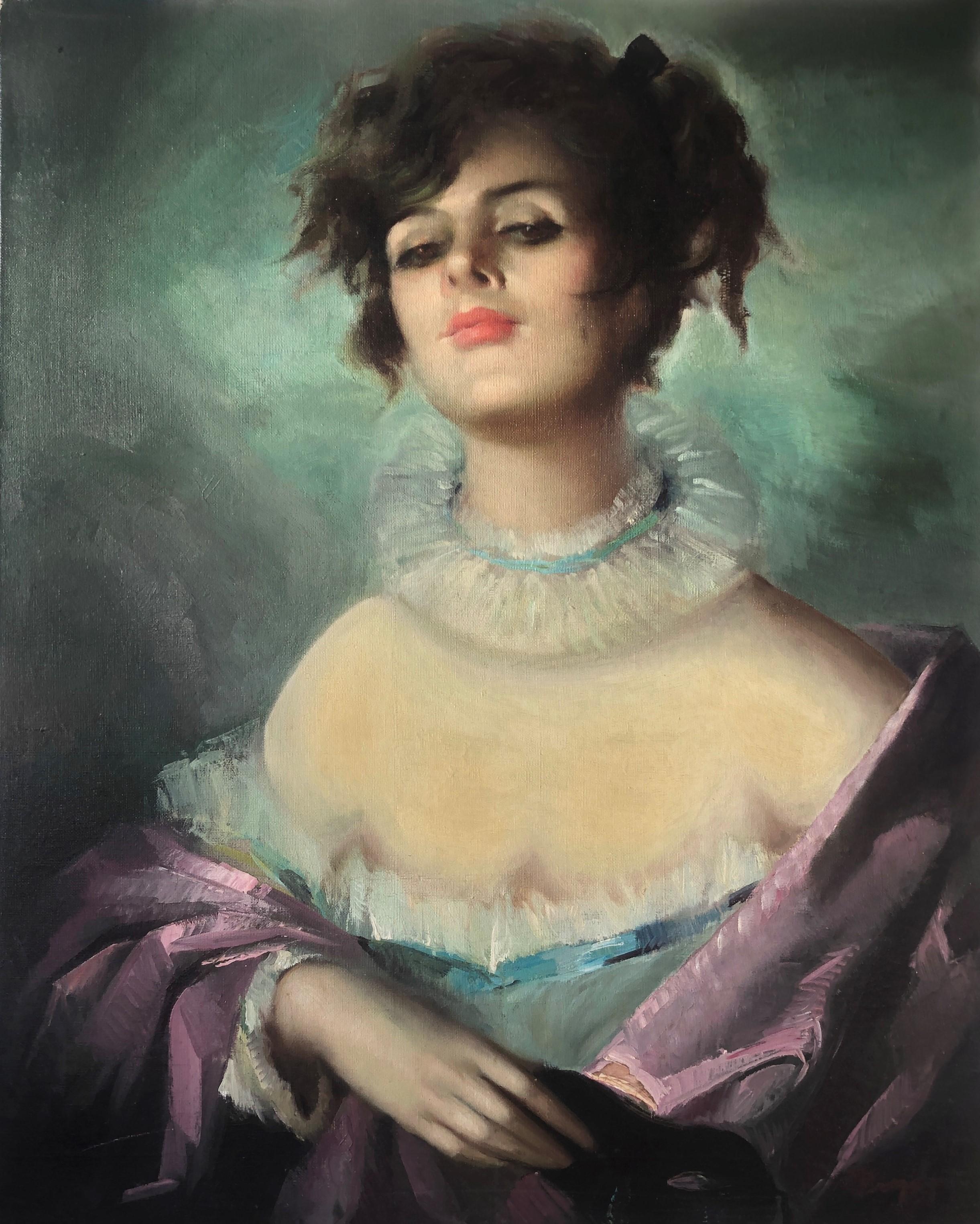 Jose Puyet  Portrait Painting - Elegant woman oil on canvas painting portrait