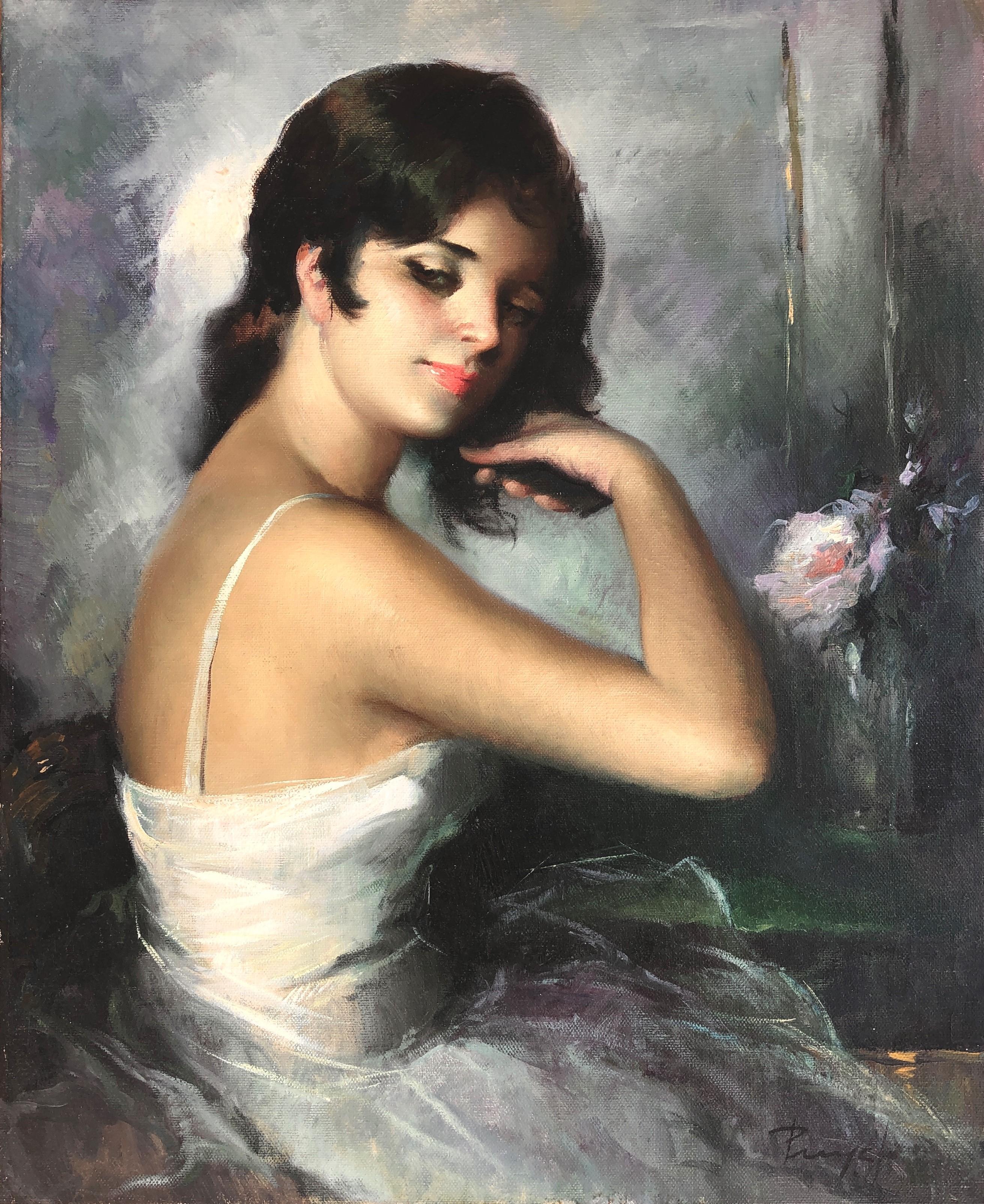 Jose Puyet  Portrait Painting - In the dresser oil on burlap painting woman portrait