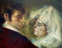 Mid Century Spanish Romantic Couple Mantilla Portrait Figurative Oil