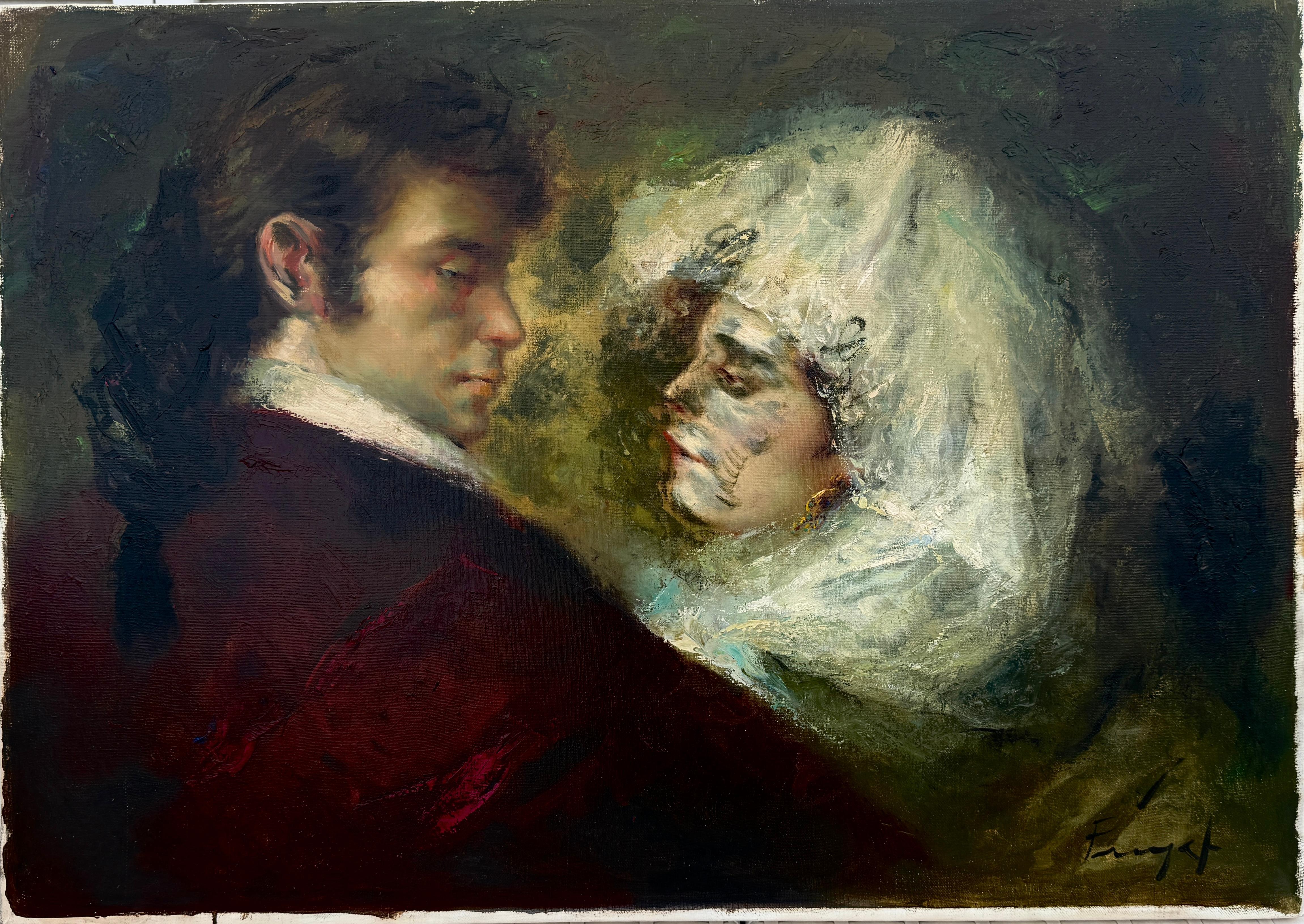 Mid Century Spanish Romantic Couple Mantilla Portrait Figurative Oil
