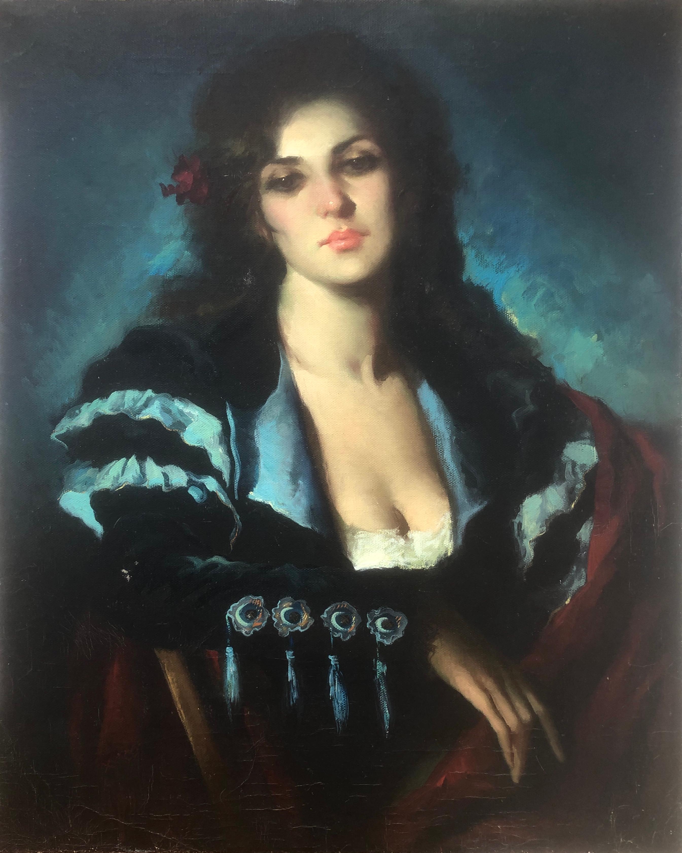 Woman posing oil on burlap painting portrait