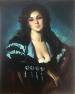 Woman posing oil on burlap painting portrait