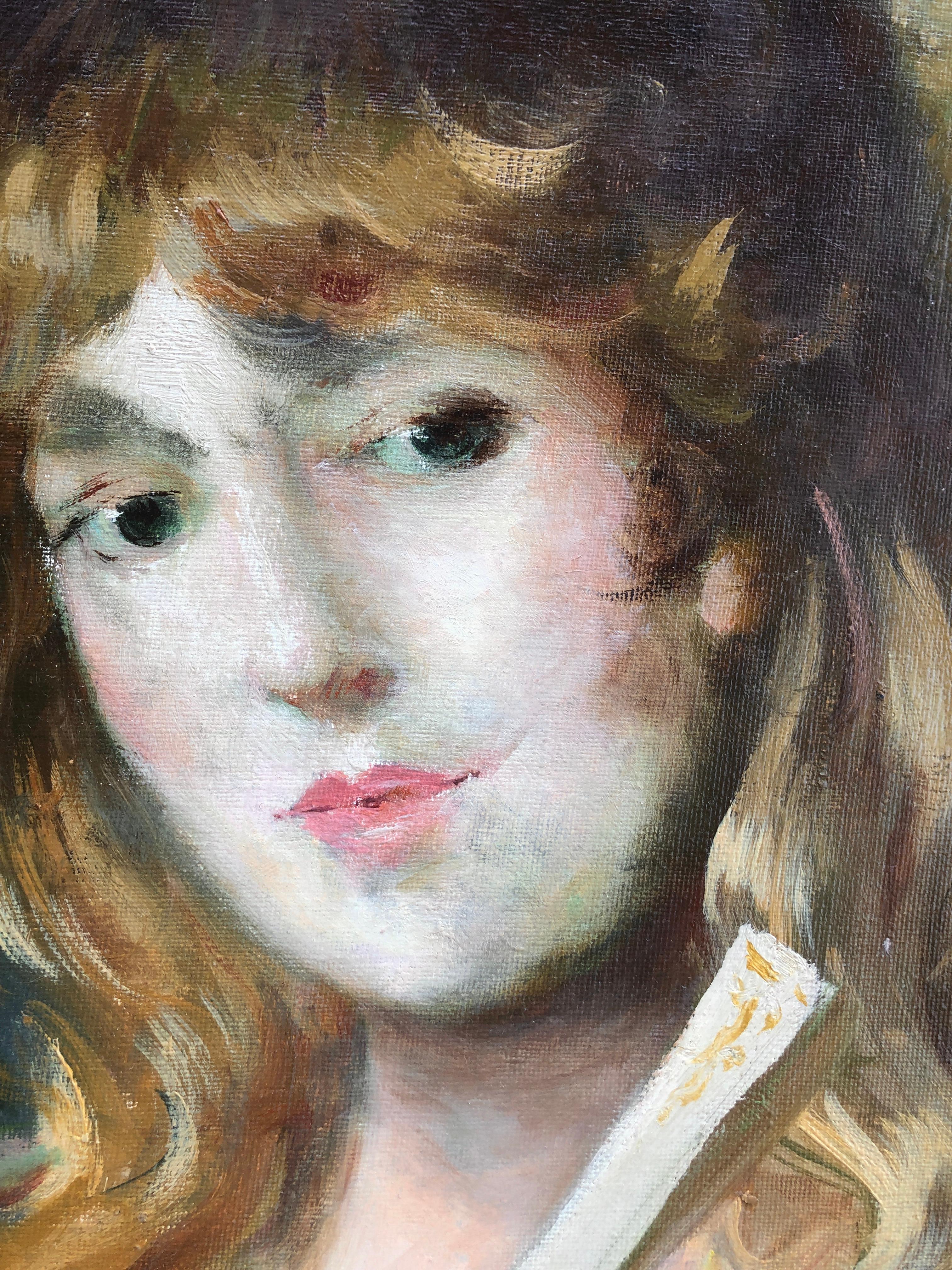 Junge Mädchen Öl auf Leinwand Gemälde Porträt (Schwarz), Portrait Painting, von Jose Puyet 