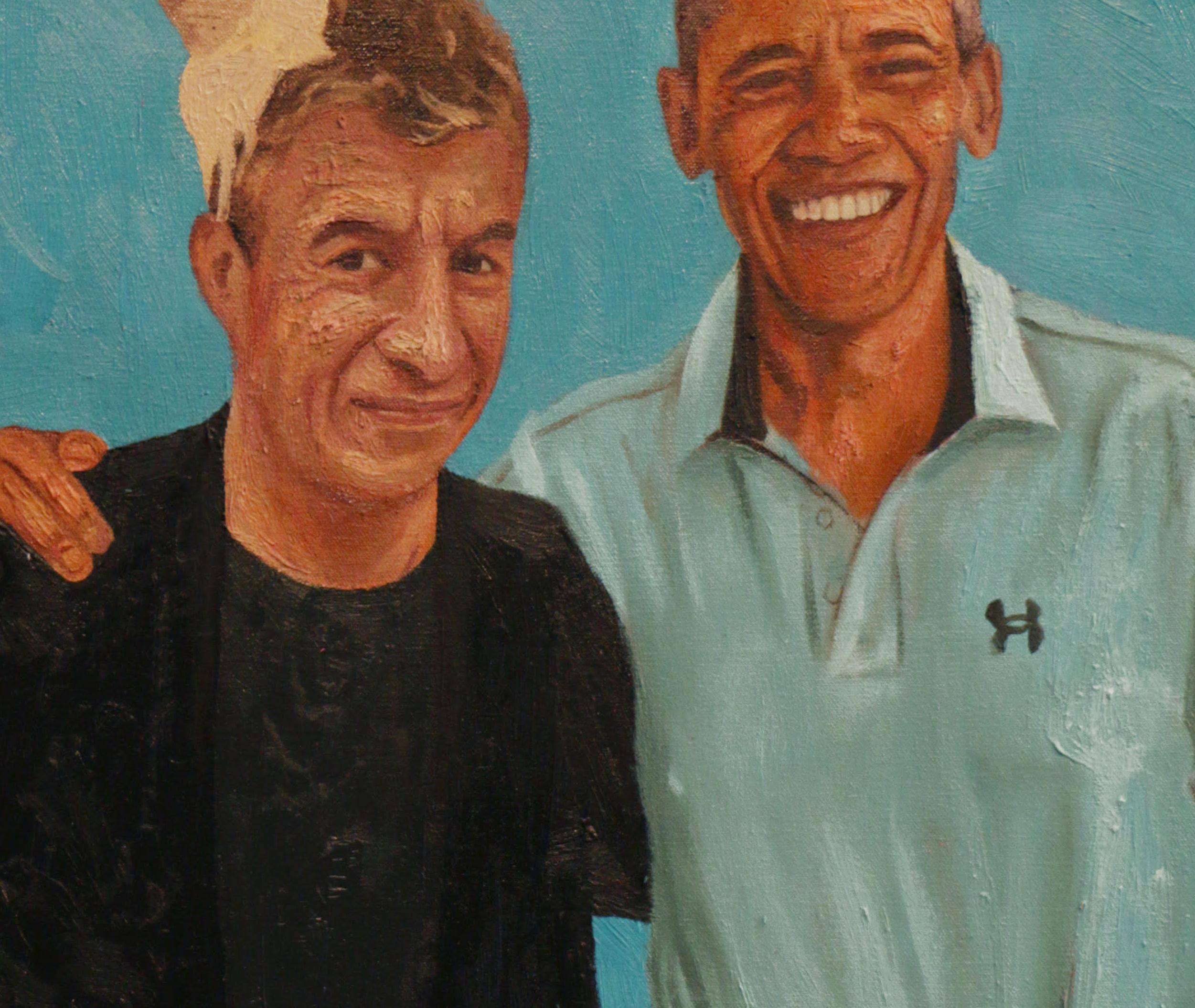 Barack Obama and a comic who has ice cream on his head, by Jose Ricardo Contreras González
From the series Movies
Oil and acrylic on canvas
50 cm. H x 40 W cm. 


José Ricardo Contreras González's work revolves around the painting. The artist, a