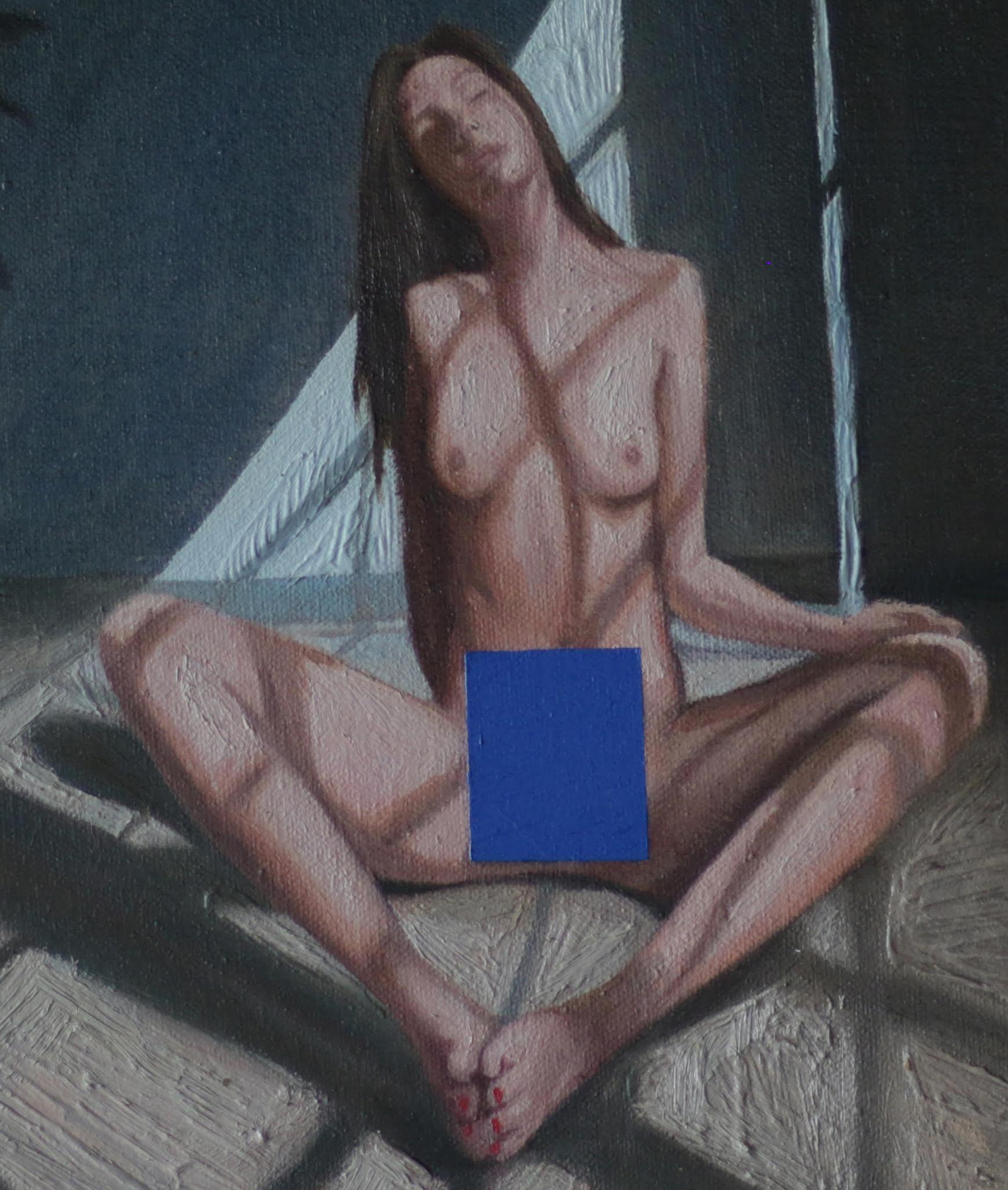 Nude Painting de Jose Ricardo Contreras Gonzalez - Croma azul,  Desnudo figurativo. Óleo sobre lienzo. Pintura