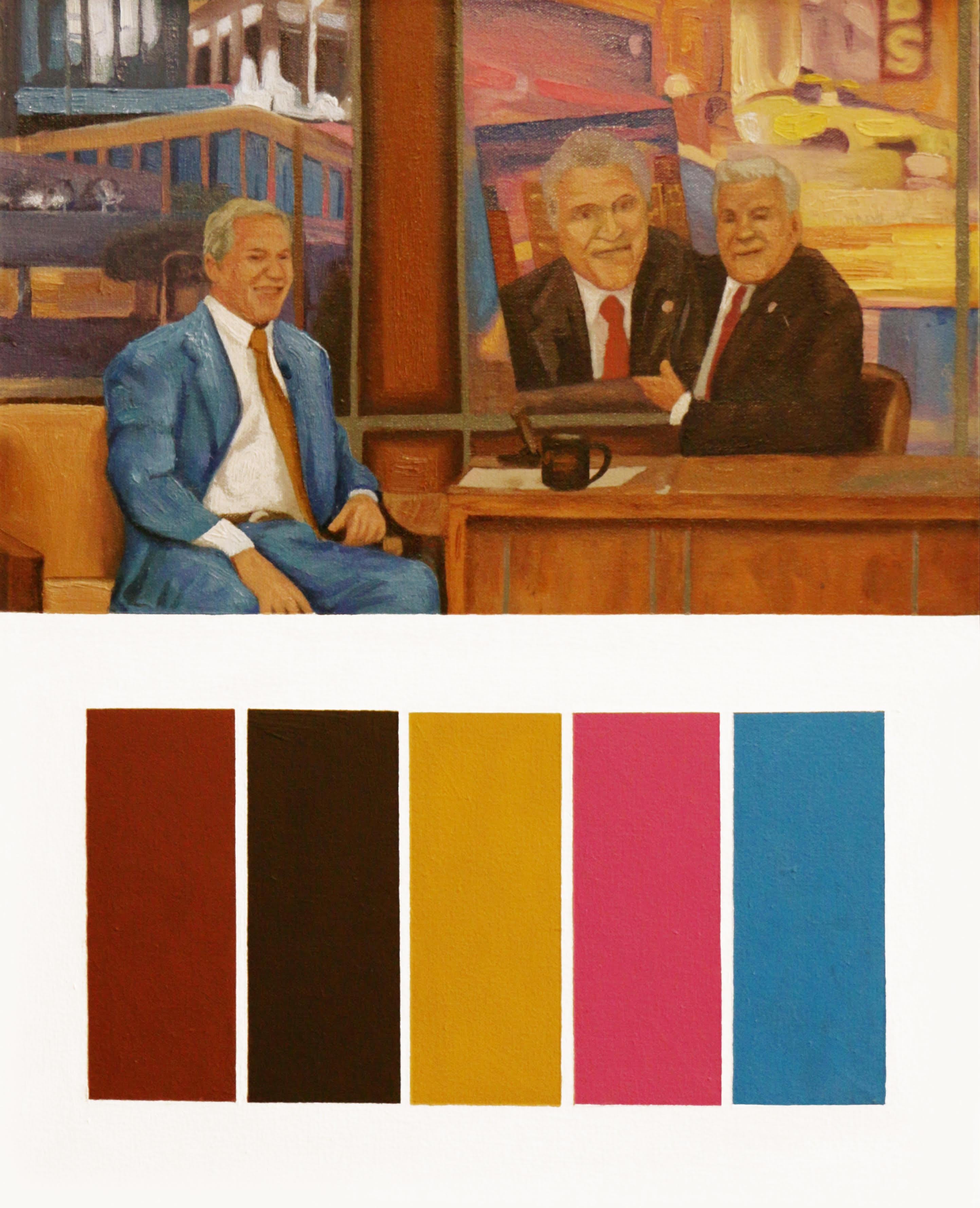 Jose Ricardo Contreras Gonzalez Still-Life Painting - George W. Bush gifts Jay Leno a portrait of Jay Leno. Figurative Painting