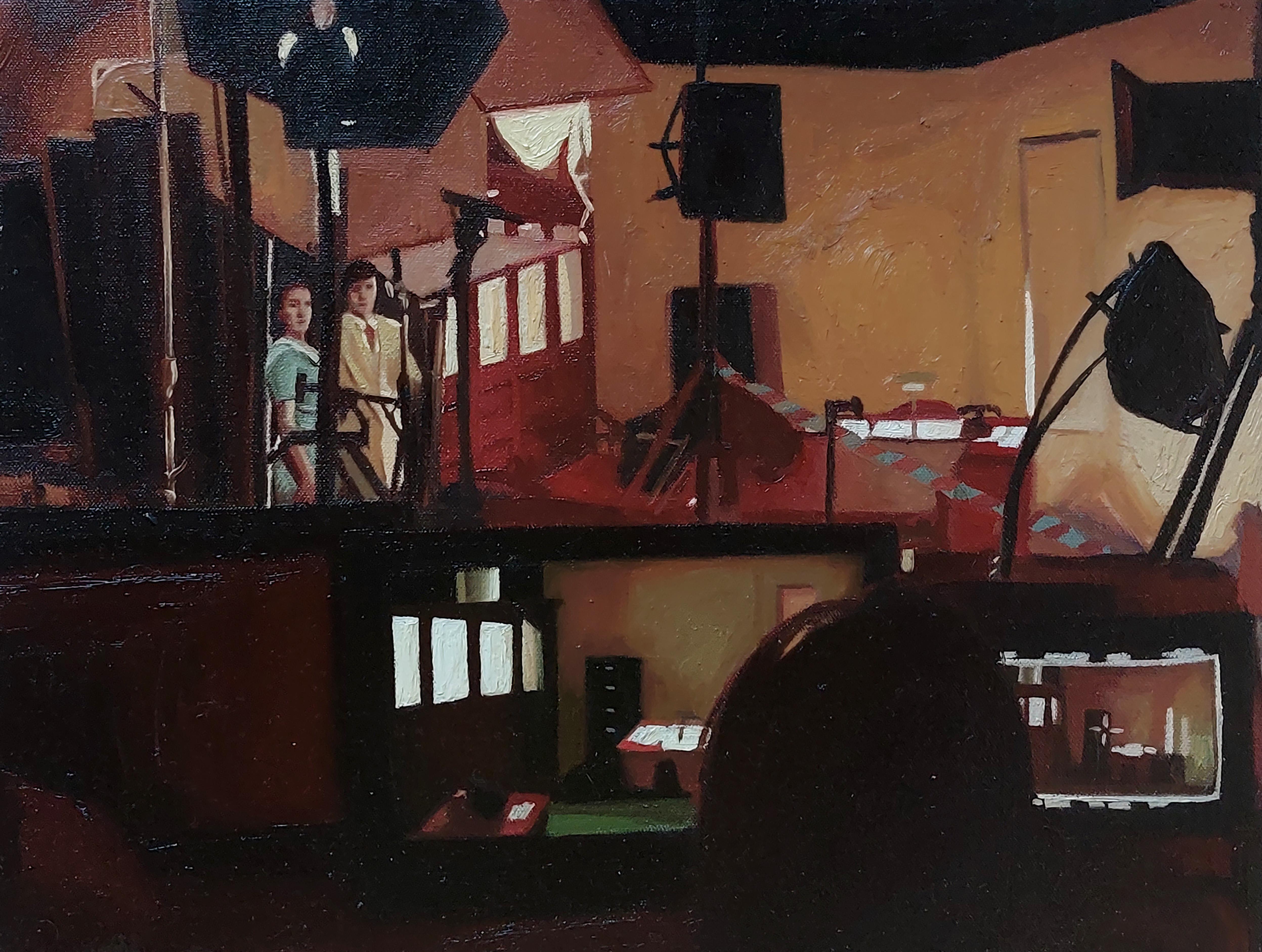 Set di 4 dipinti. Interni di set cinematografici della serie  La luce. - Painting Contemporaneo di Jose Ricardo Contreras Gonzalez