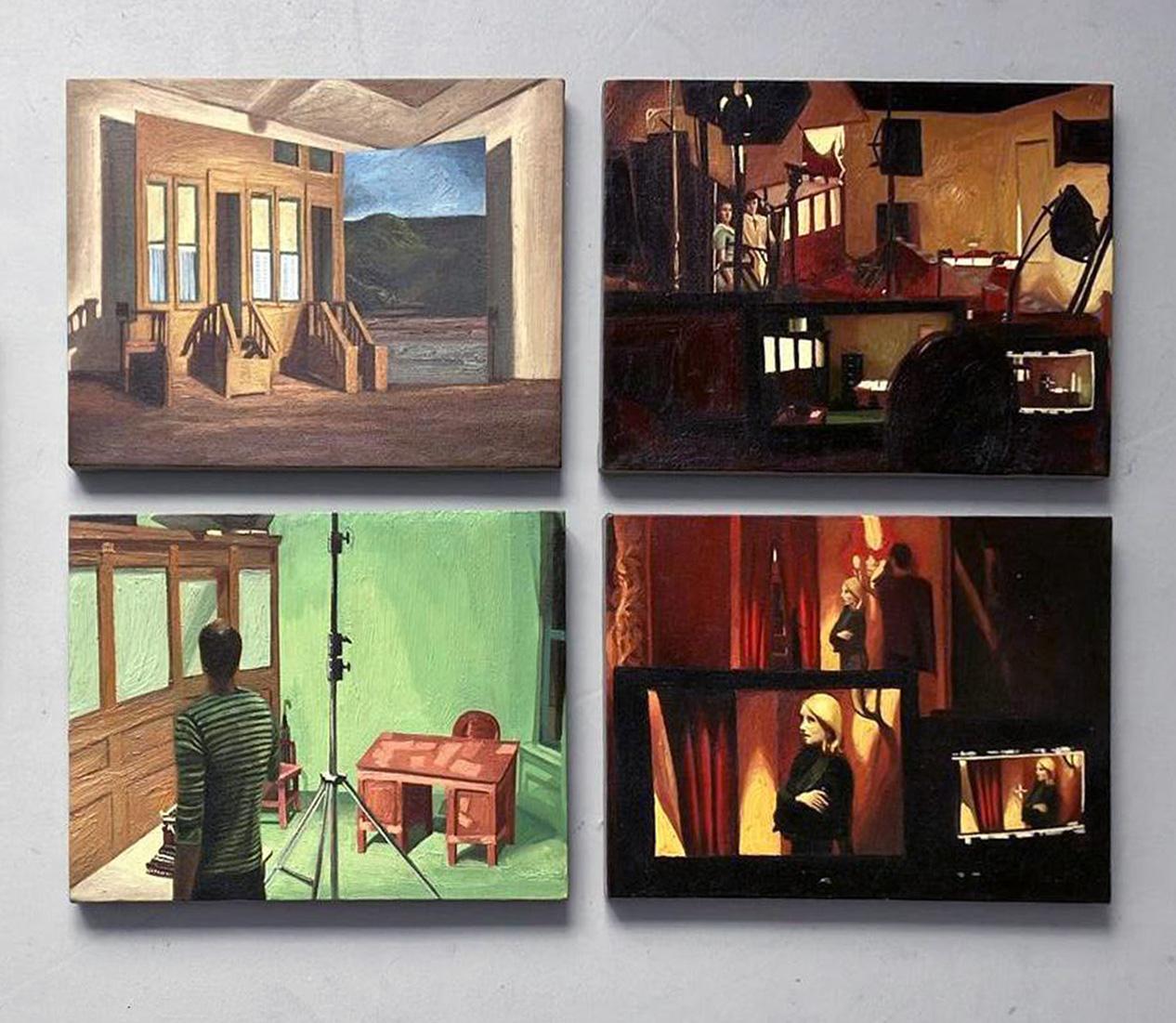 Set di 4 dipinti. Interni di set cinematografici della serie  La luce. in vendita 2