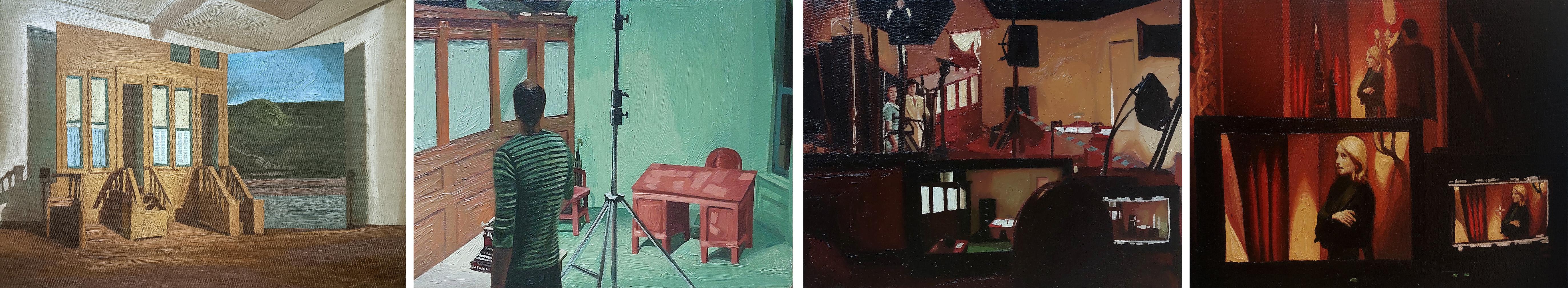 Interior Painting di Jose Ricardo Contreras Gonzalez - Set di 4 dipinti. Interni di set cinematografici della serie  La luce.