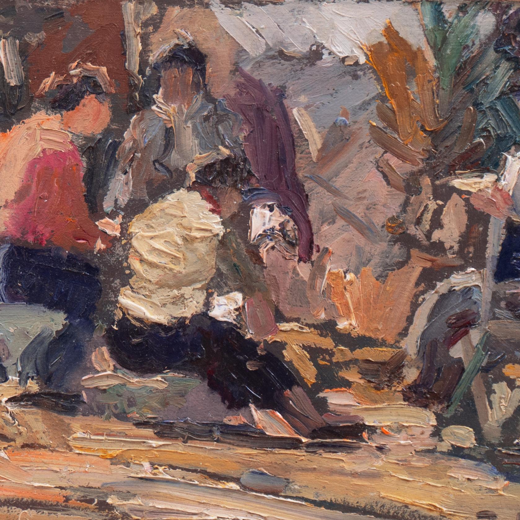 'Seated around the Fire', Argentine - Brown Figurative Painting by Jose Roig