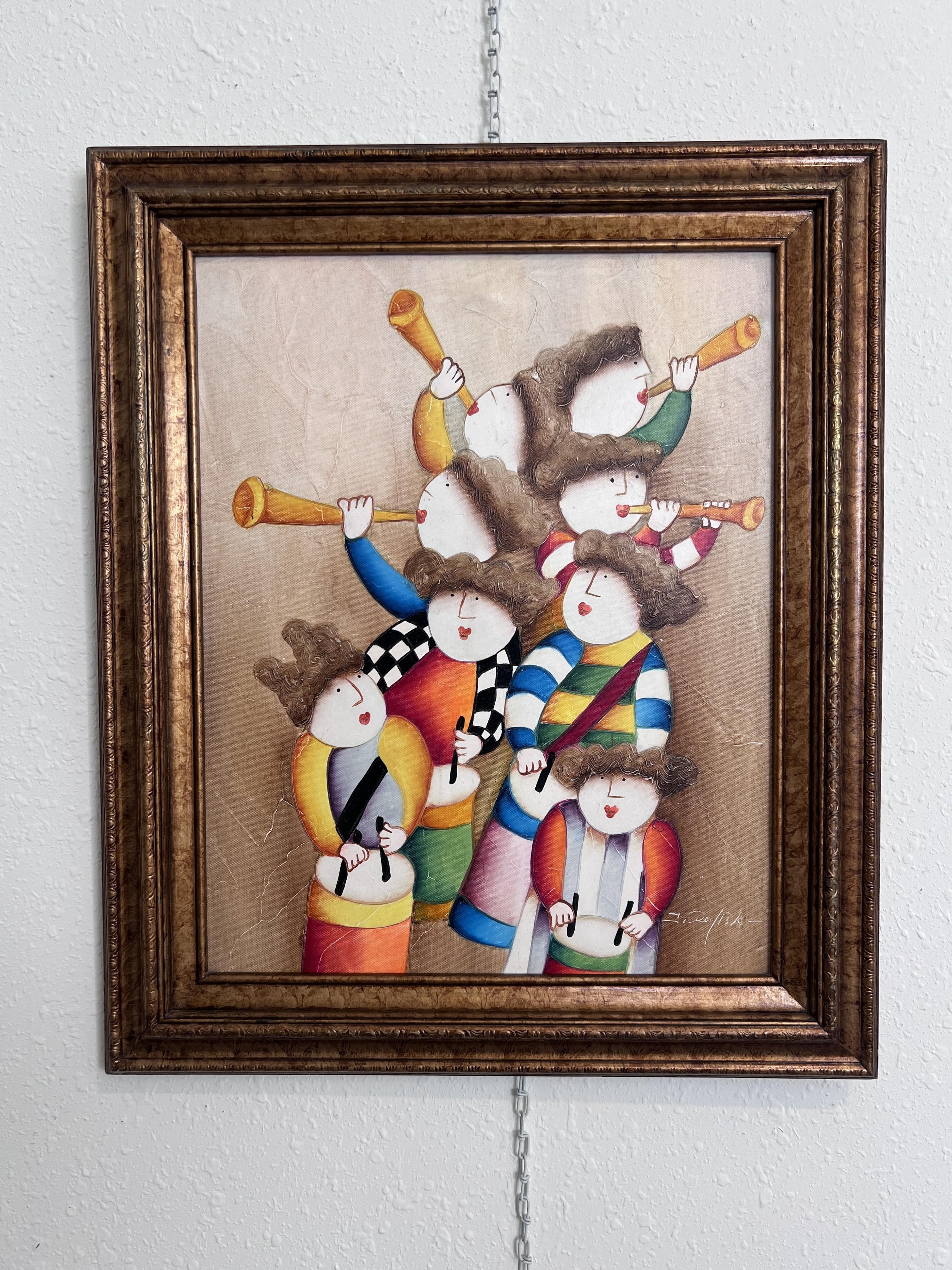 Joyce Roybal Original Painting on Canvas  Musicians  Signed & Framed Artwork - Brown Figurative Painting by Jose Roybal