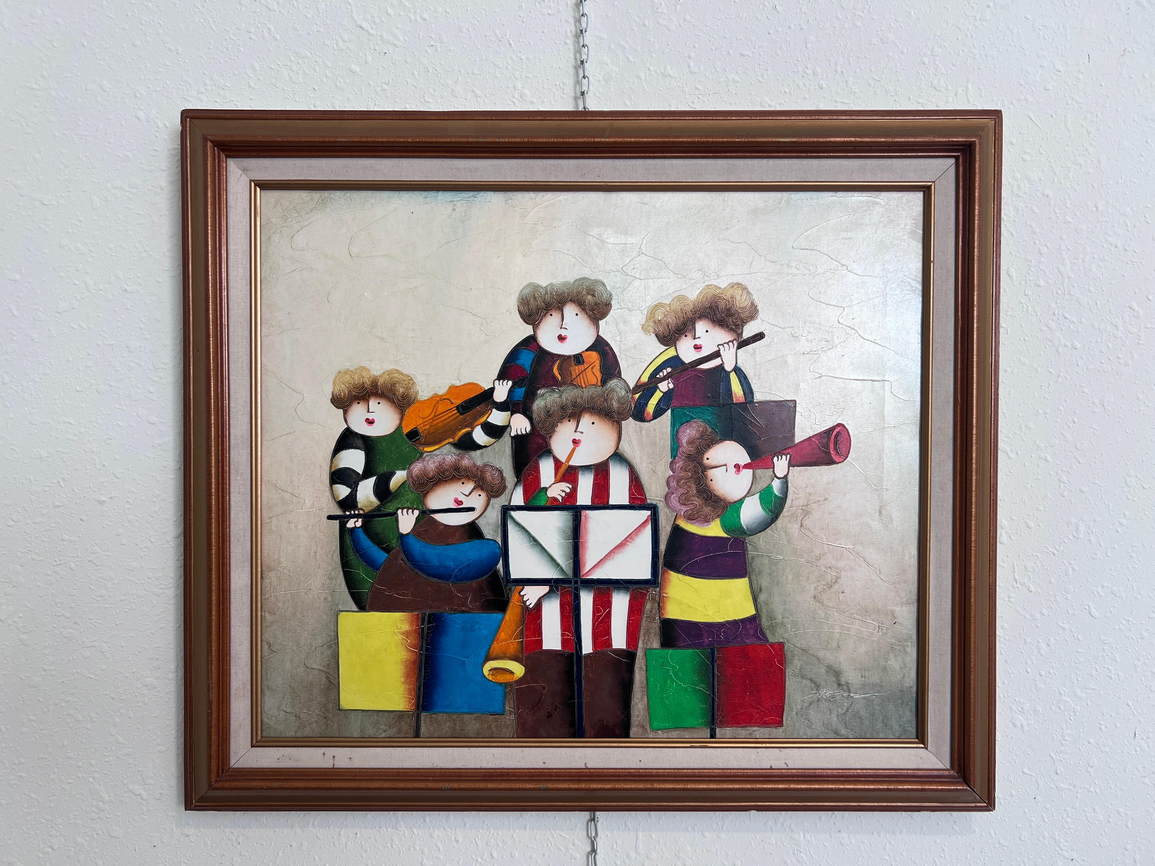 Joyce Roybal Original Painting on Canvas  Musicians  Signed & Framed Artwork - Gray Figurative Painting by Jose Roybal