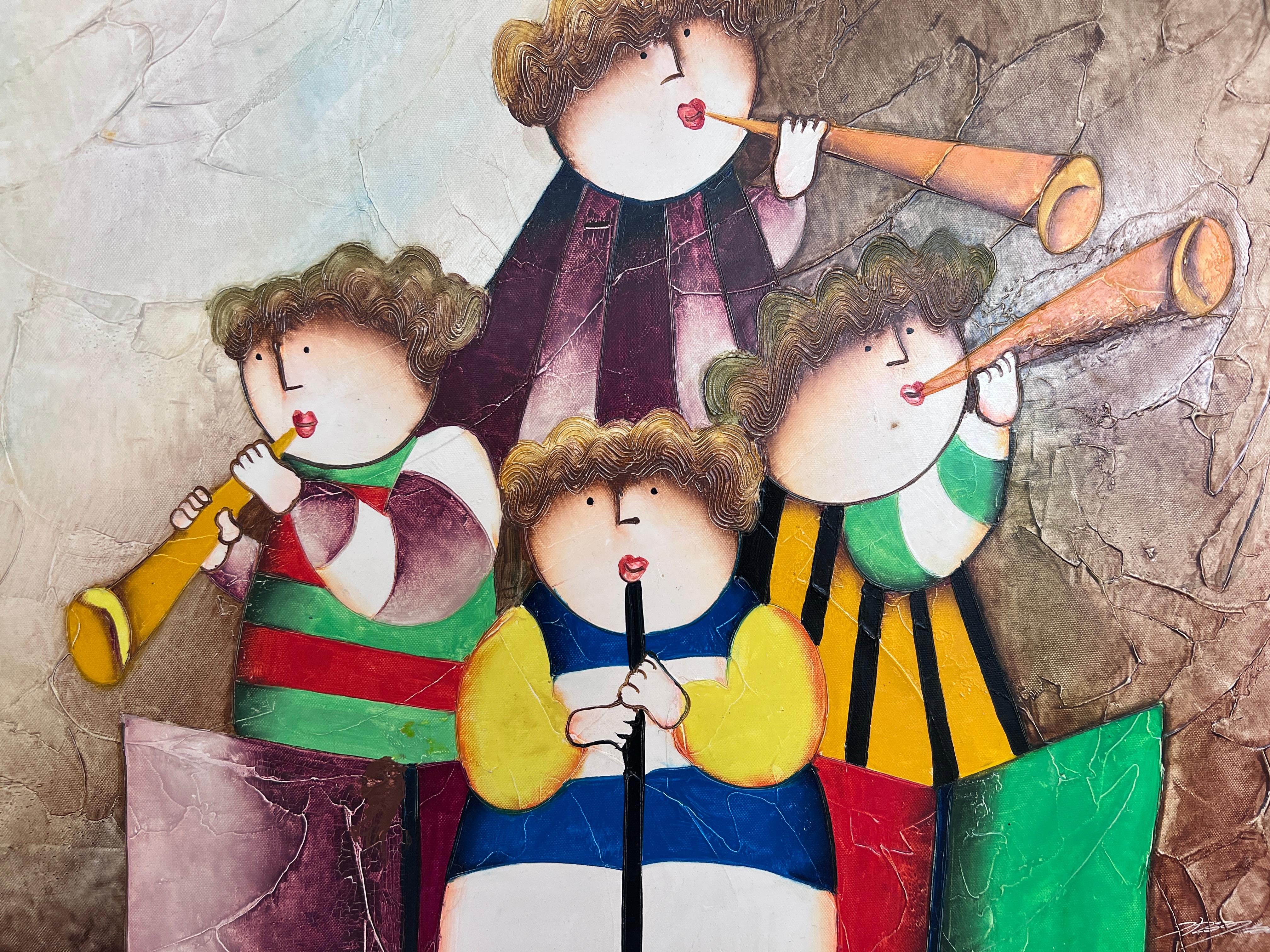 This charming original painting on canvas by Joyce Roybal features a whimsical group of musicians joyfully playing instruments in Roybal’s signature naïve style. With bold colors, playful patterns, and exaggerated forms, this artwork captures the