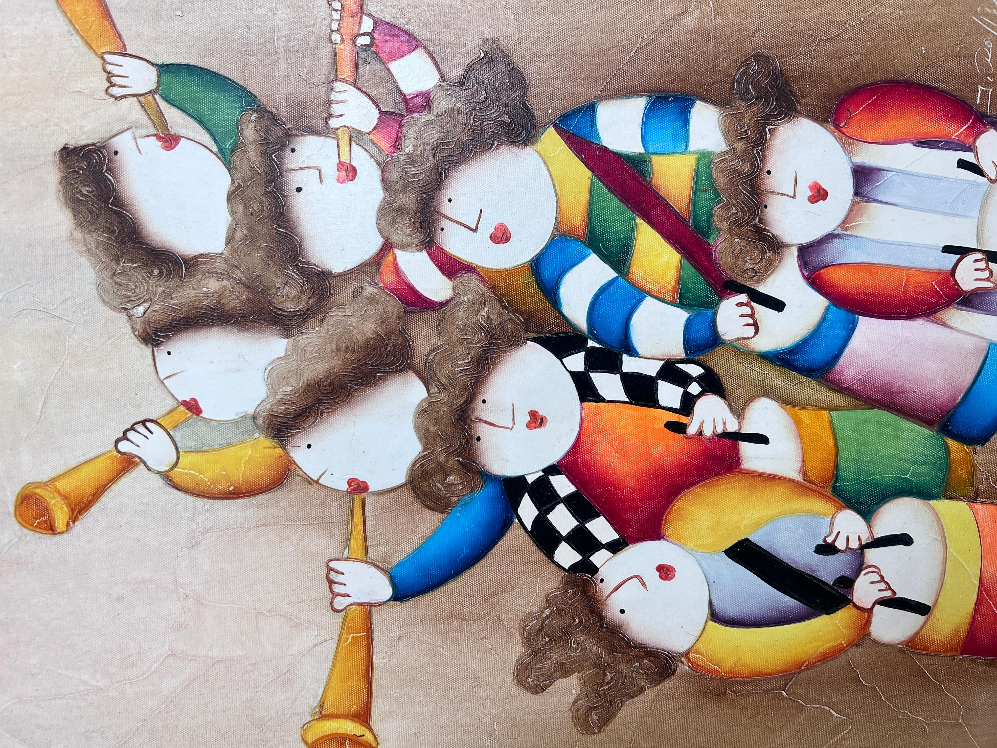 This charming original painting on canvas by Joyce Roybal features a whimsical group of musicians joyfully playing instruments in Roybal’s signature naïve style. With bold colors, playful patterns, and exaggerated forms, this artwork captures the