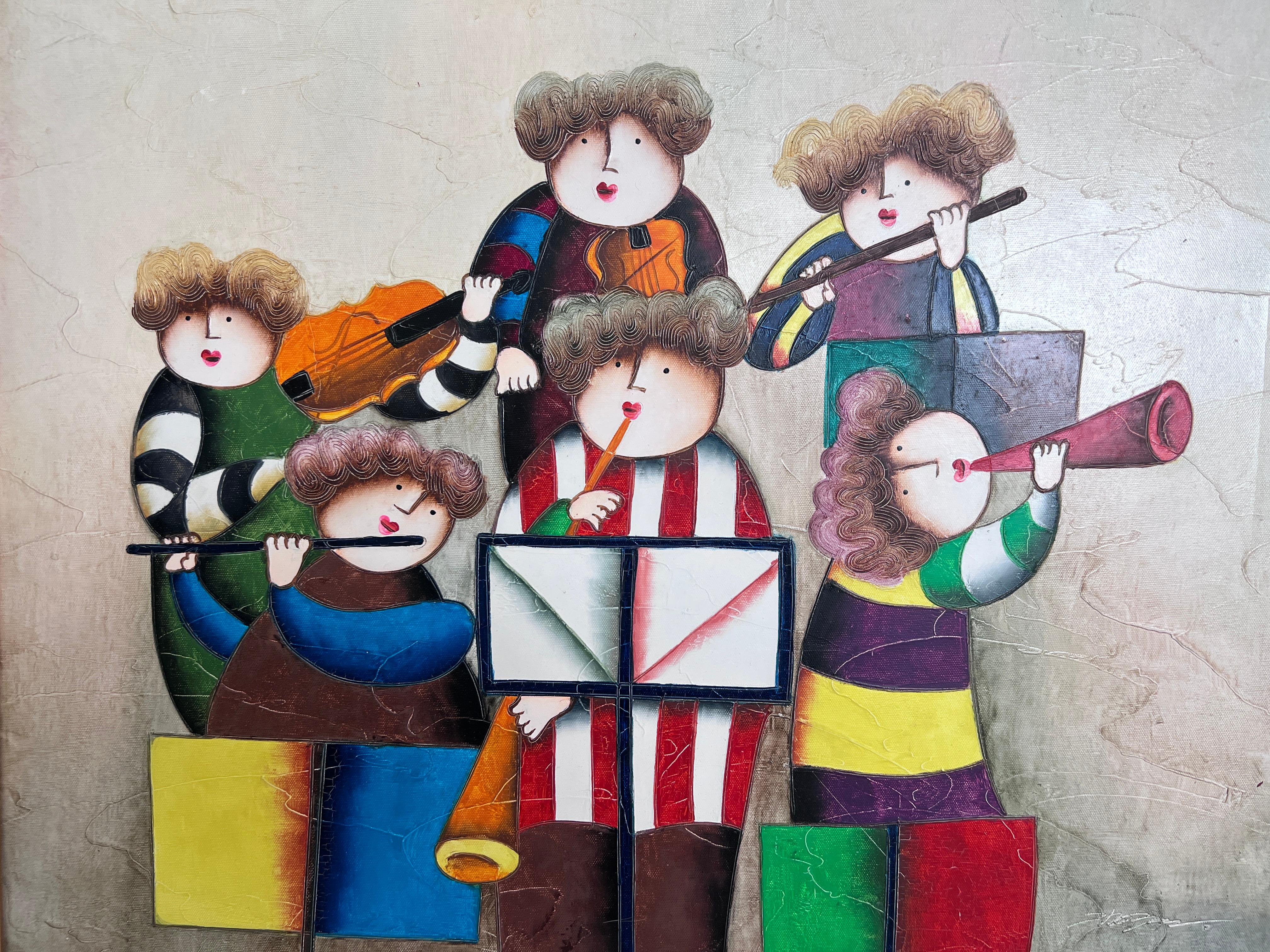 This charming original painting on canvas by Joyce Roybal features a whimsical group of musicians joyfully playing instruments in Roybal’s signature naïve style. With bold colors, playful patterns, and exaggerated forms, this artwork captures the