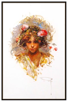 Jose Royo Original Oil Painting Signed Female Portrait Framed Floral Artwork SBO