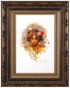 Jose Royo Original Oil Painting Signed Female Portrait Framed Floral Artwork SBO