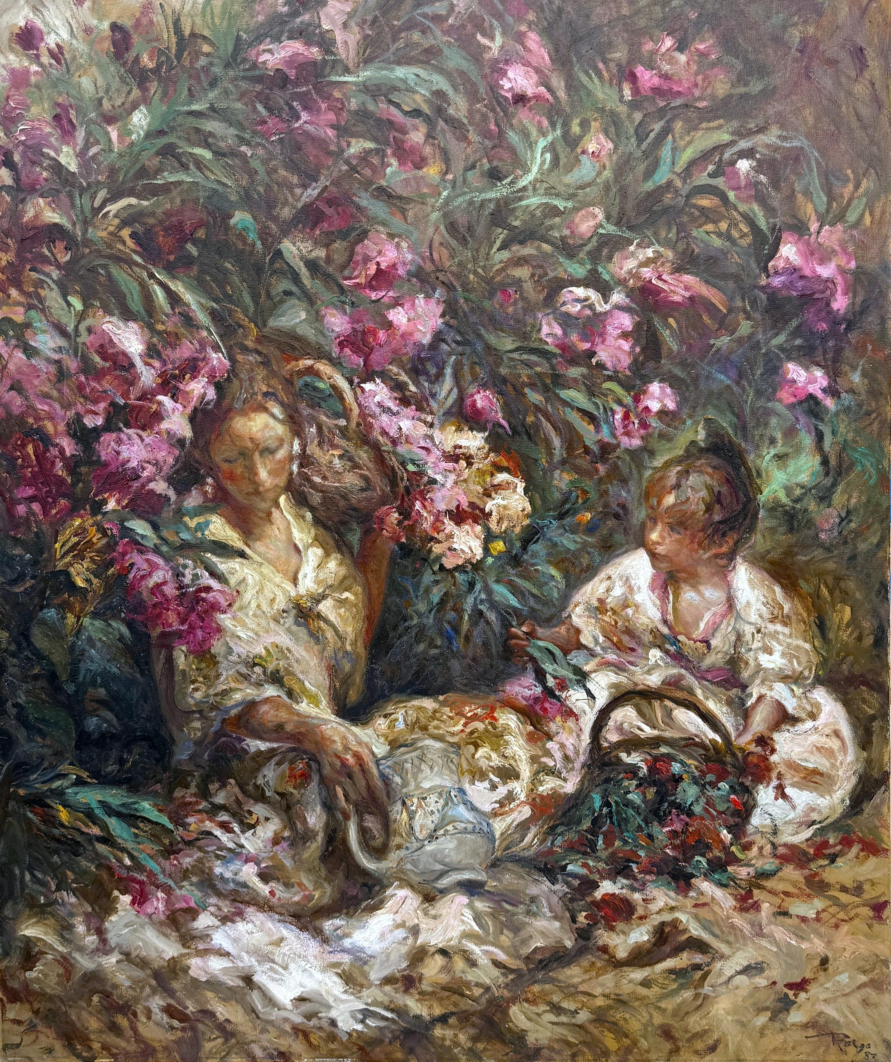 Large Mother and Child in Flower Garden Oil Painting, Spanish Impressionist art