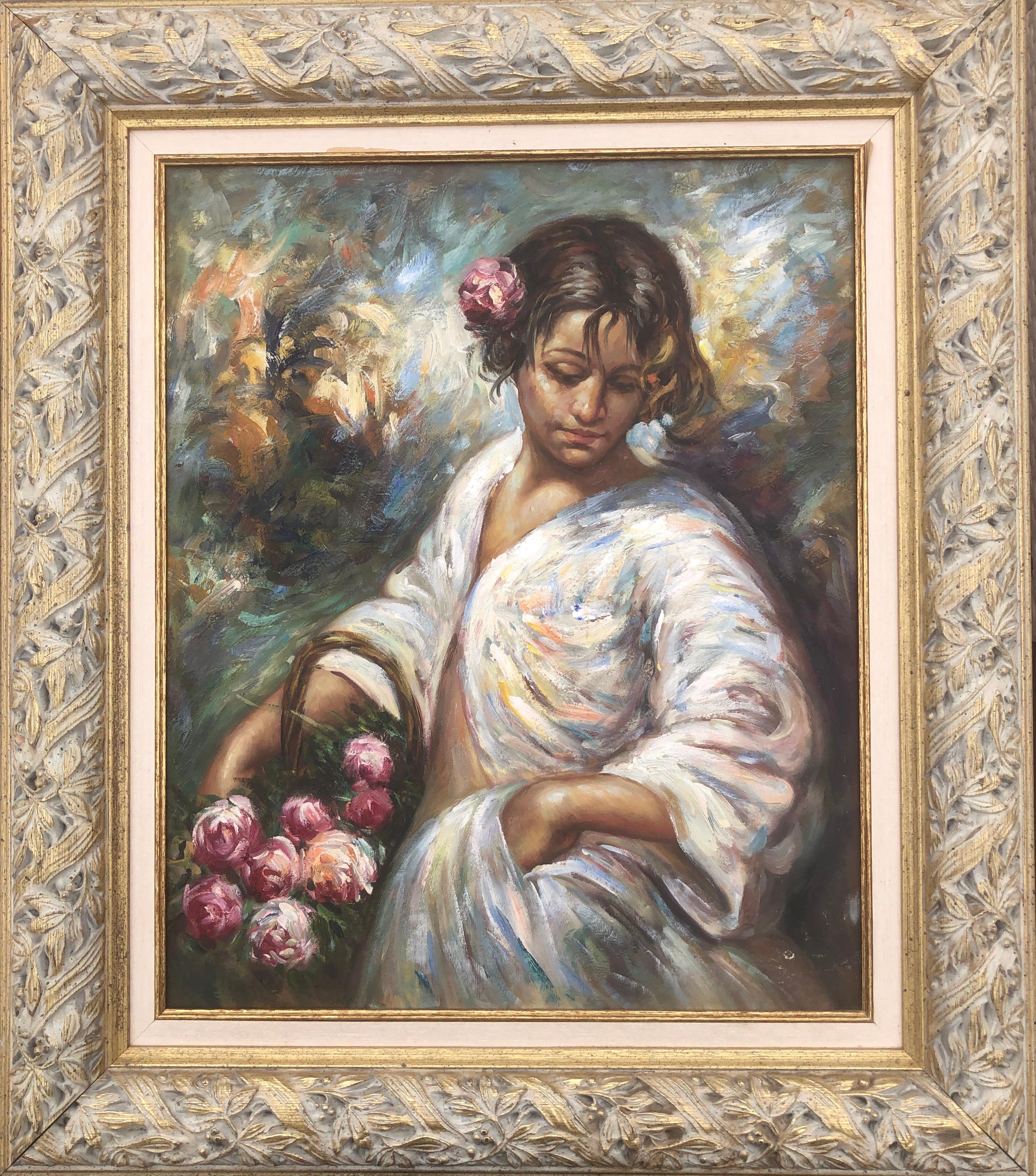 Une jeune femme avec un panier de fleurs, peinture à l'huile sur toile - Painting de José Royo