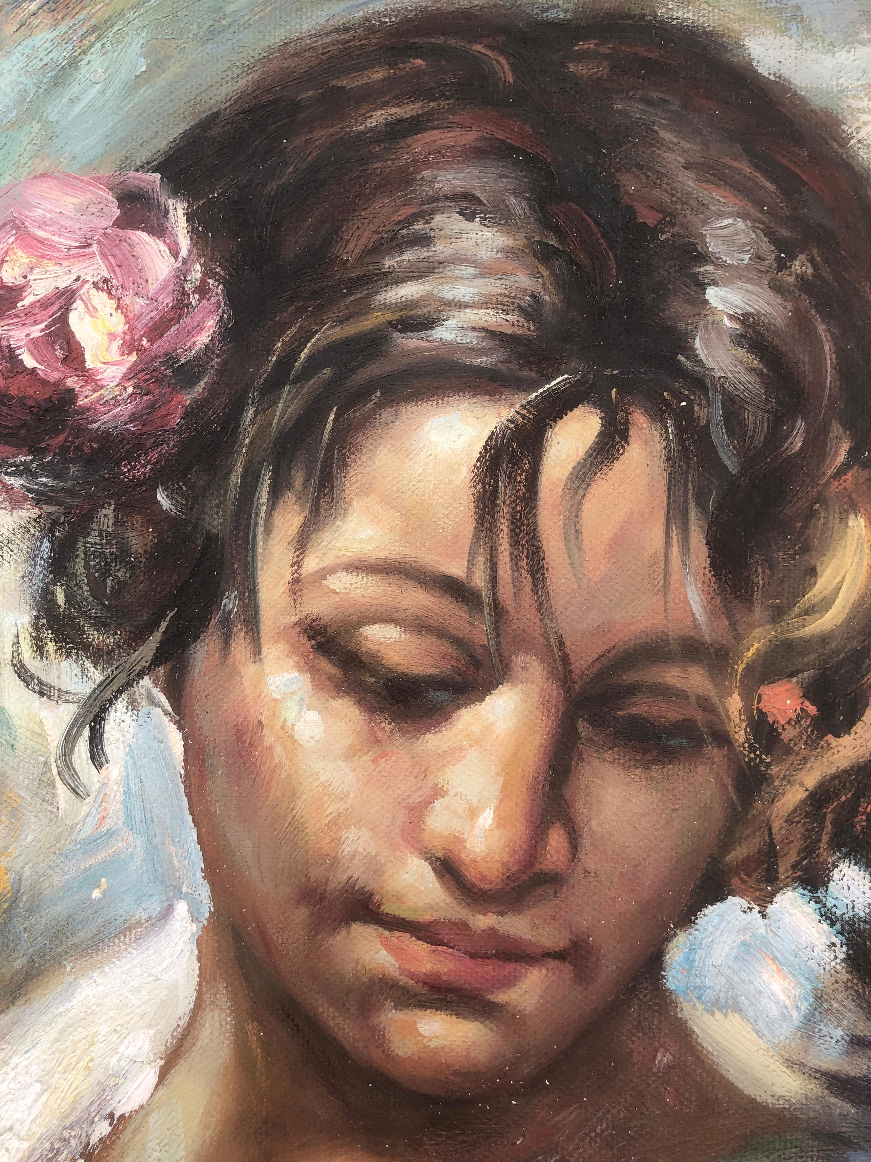 Une jeune femme avec un panier de fleurs, peinture à l'huile sur toile - Post-impressionnisme Painting par José Royo