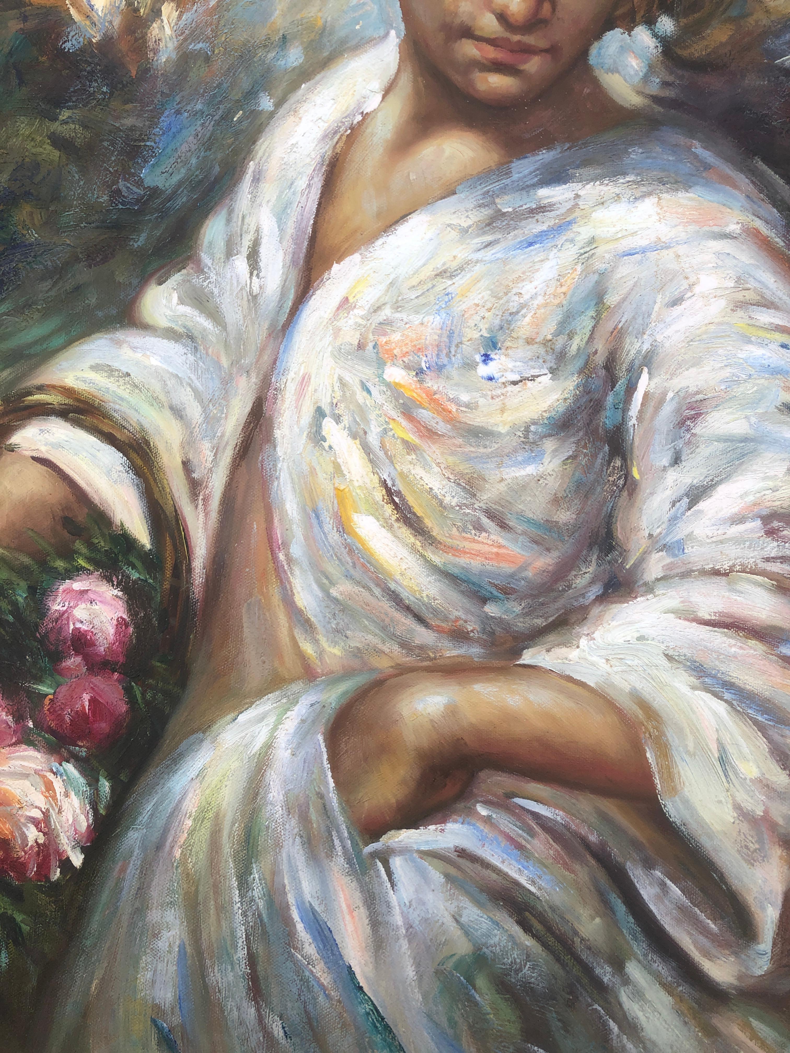 young woman with basket of flowers oil on canvas painting For Sale 3