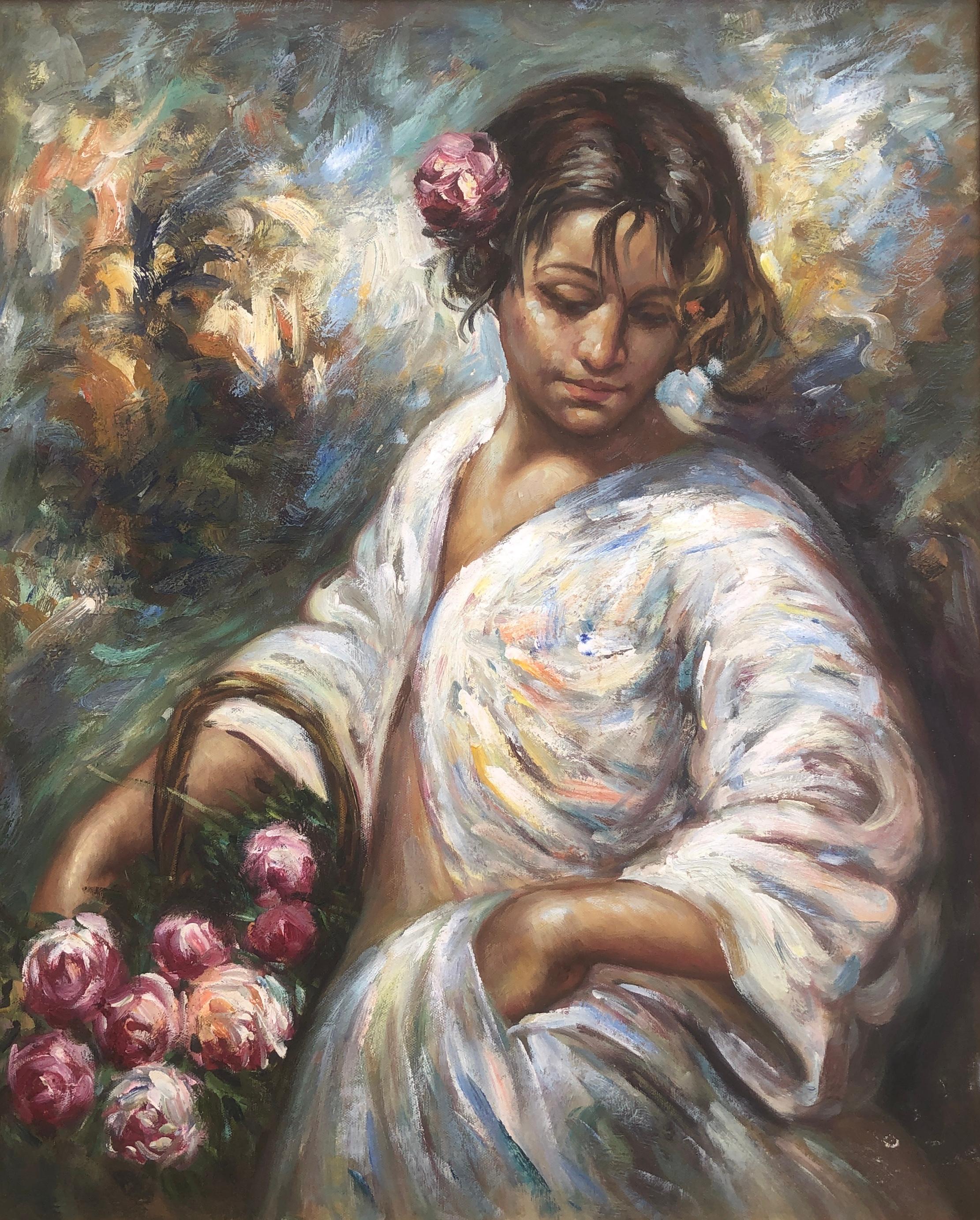 giovane donna con cesto di fiori pittura olio su tela