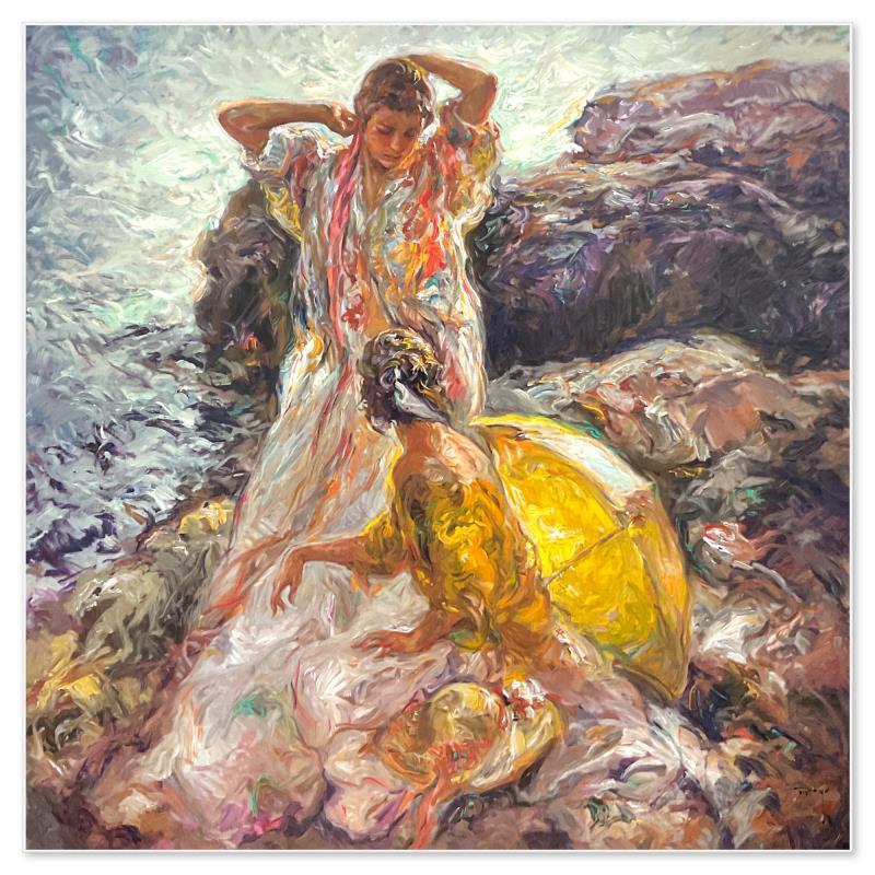 "Calla En Mallorca" is a limited edition printer's proof on clay-board by Royo, numbered and hand signed by the artist. Includes Letter of Authenticity. Measures approx. 34" x 34" (image).