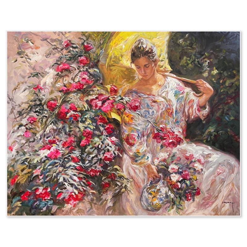 "En Flor" is a limited edition printer's proof on clay-board by Royo, numbered and hand signed by the artist. Includes Letter of Authenticity. Measures approx. 29" x 36" (image).